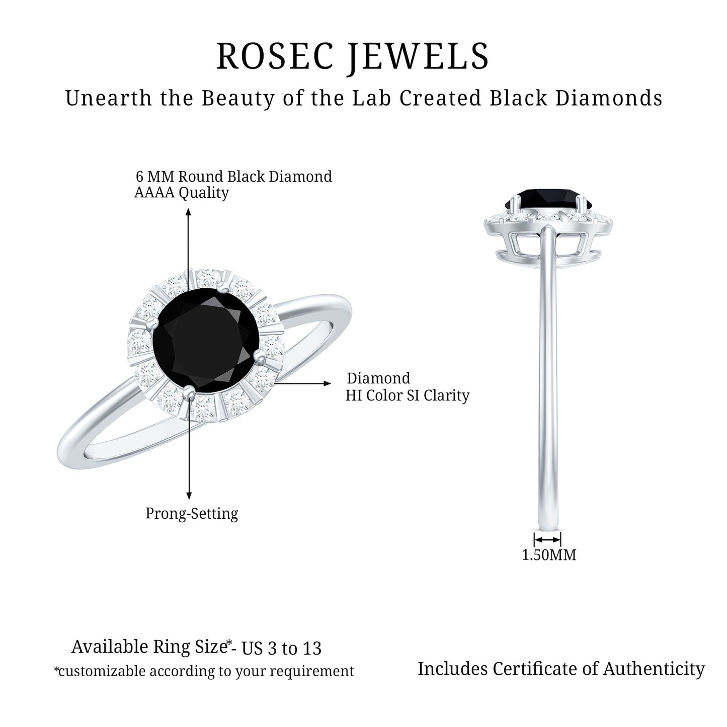 1.3 Carat Lab Created Black and White Diamond Halo Engagement Ring