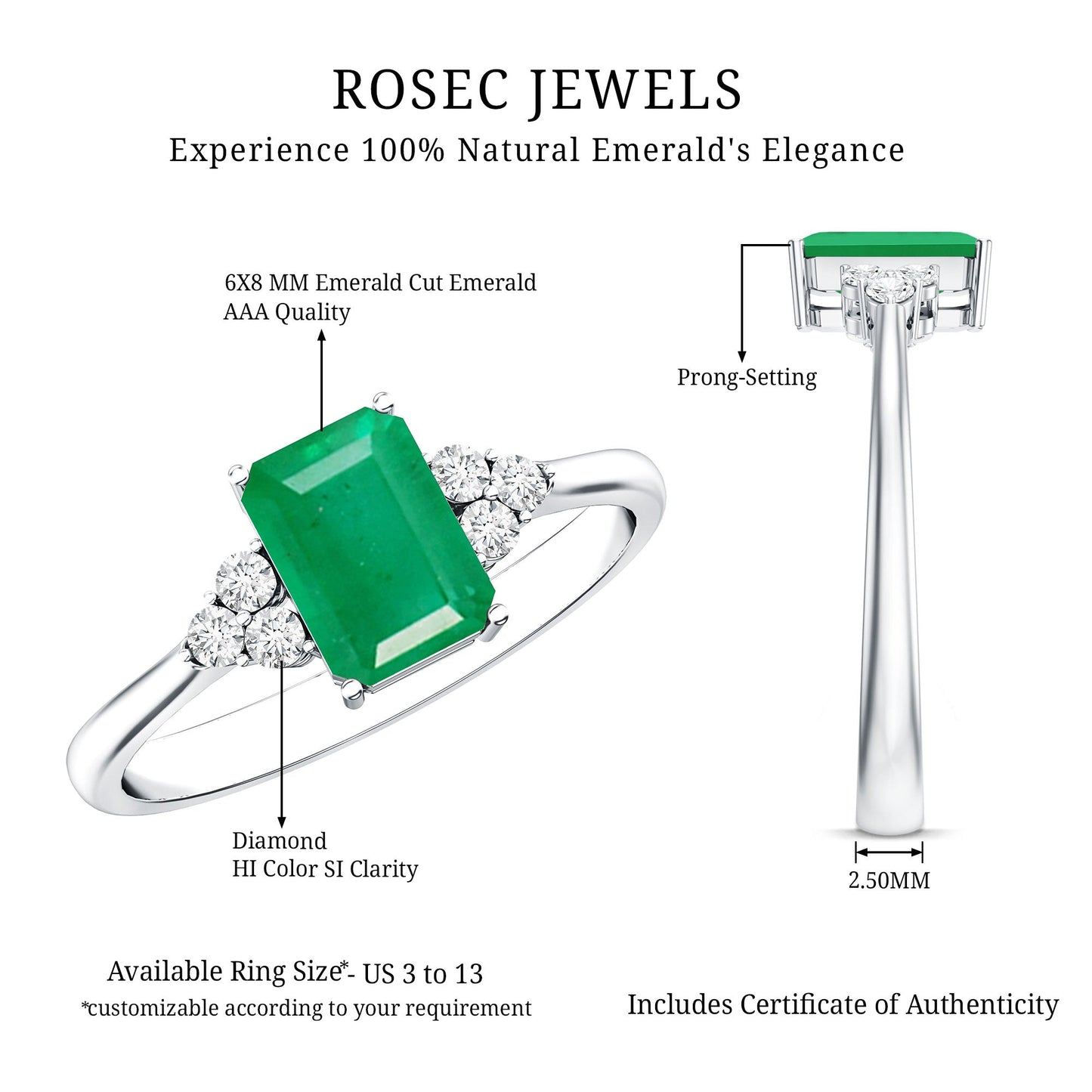 Octagon Cut Emerald Engagement Ring with Diamond Trio