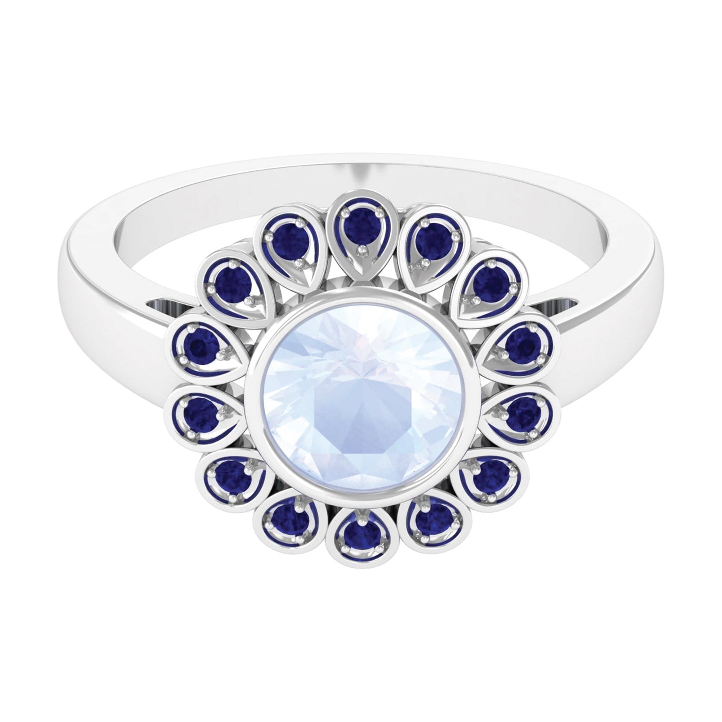 0.8 Carat Bezel Set Moonstone Vintage Inspired Engagement Ring with Blue Sapphire
