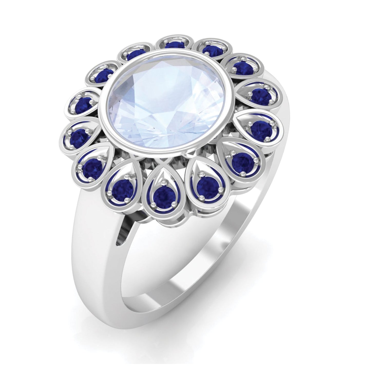 0.8 Carat Bezel Set Moonstone Vintage Inspired Engagement Ring with Blue Sapphire