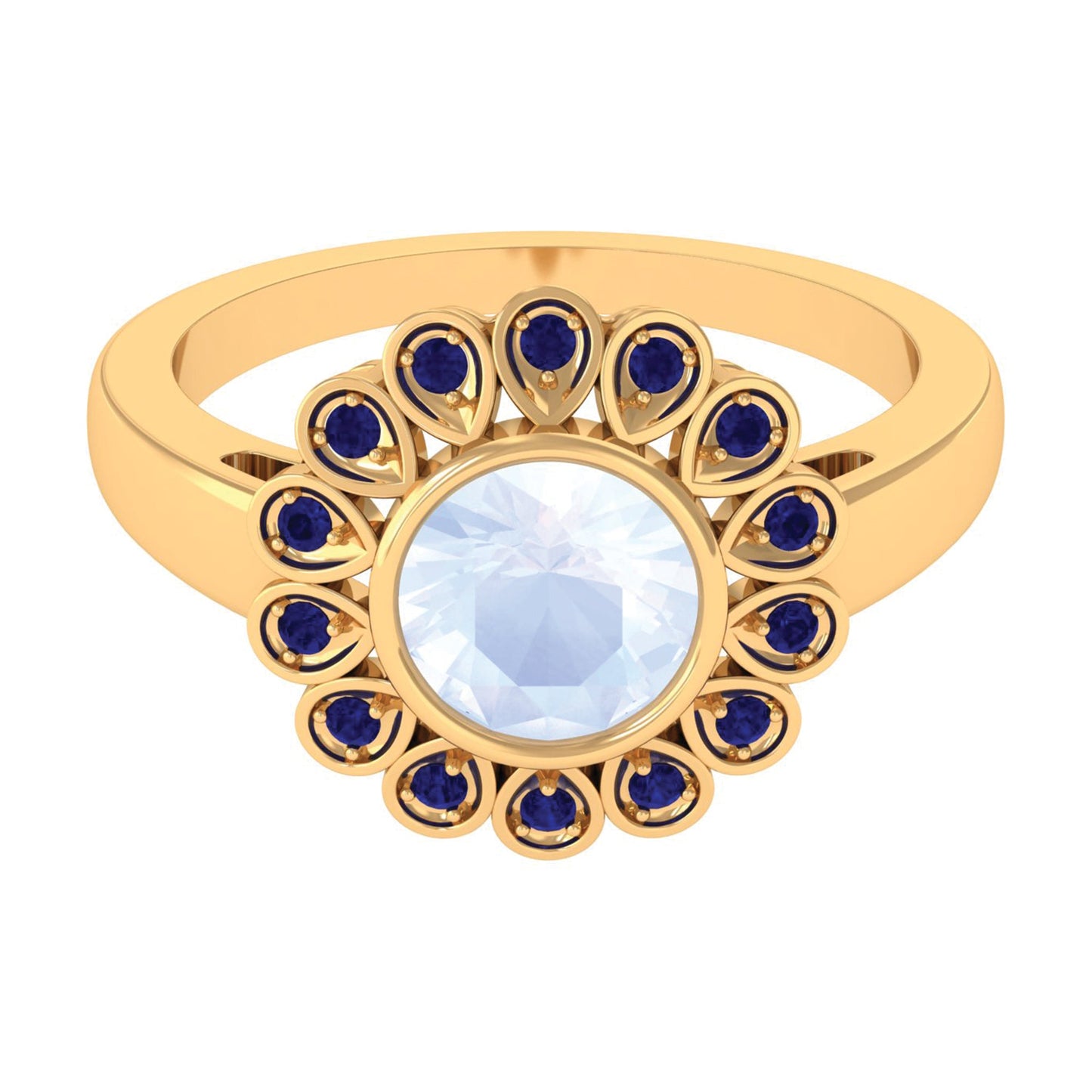 0.8 Carat Bezel Set Moonstone Vintage Inspired Engagement Ring with Blue Sapphire