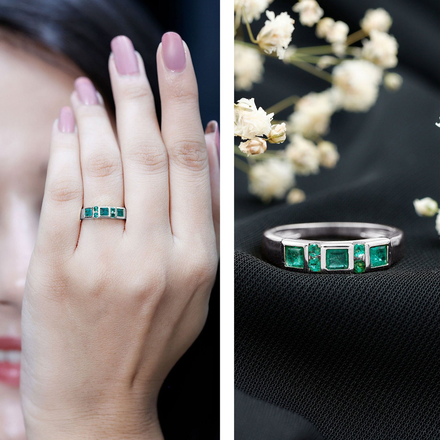 Natural Emerald Princess Cut Band Ring