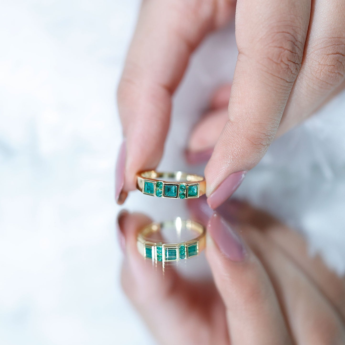 Natural Emerald Princess Cut Band Ring