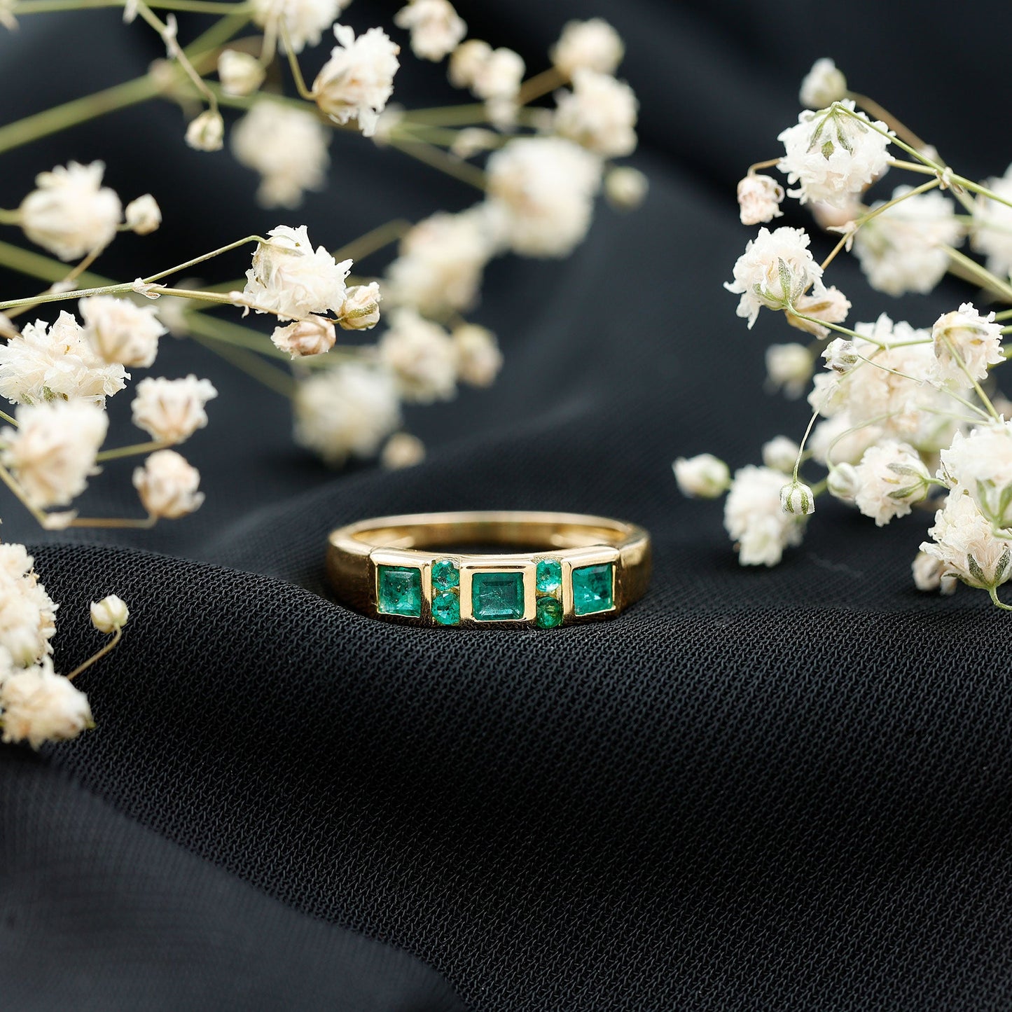 Natural Emerald Princess Cut Band Ring