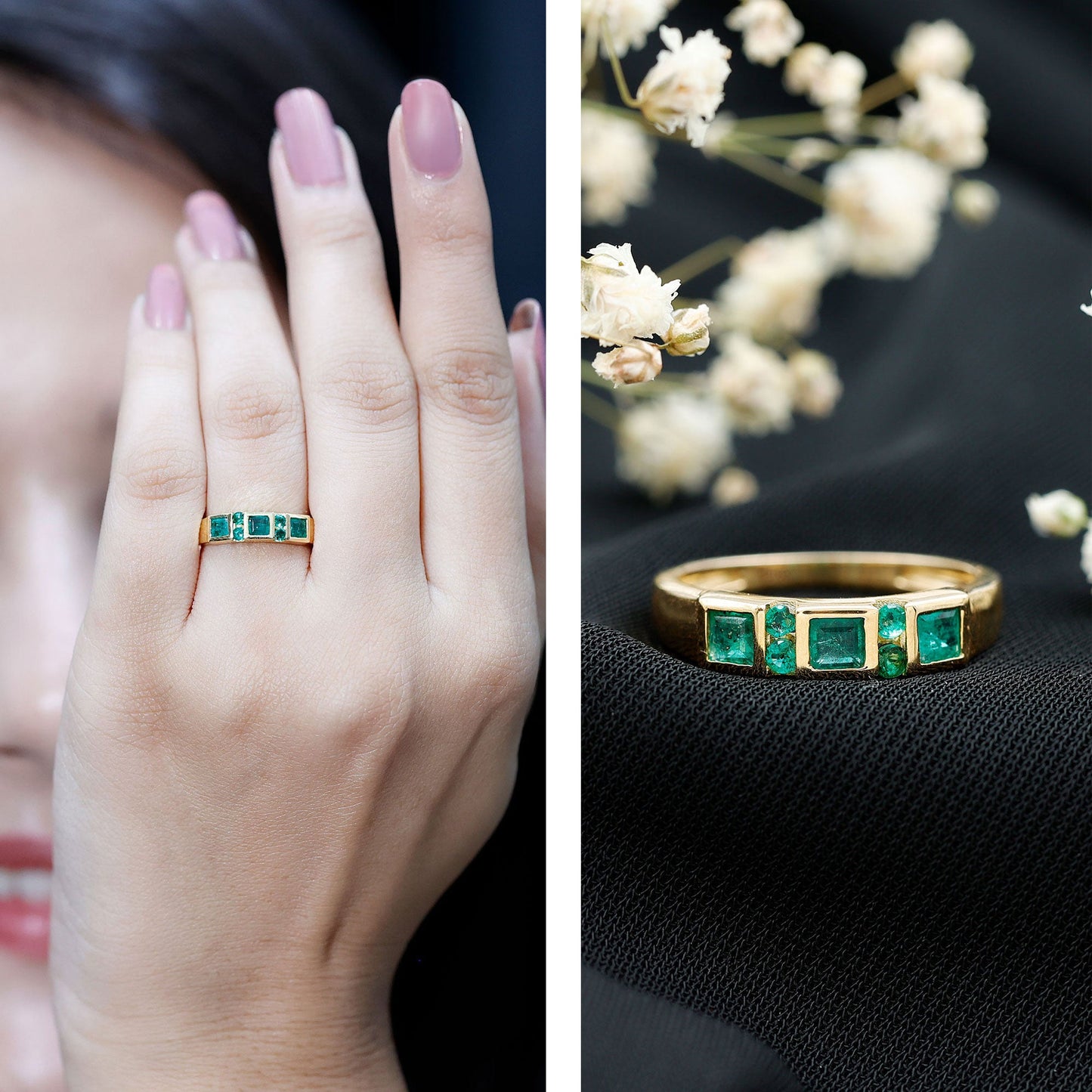 Natural Emerald Princess Cut Band Ring