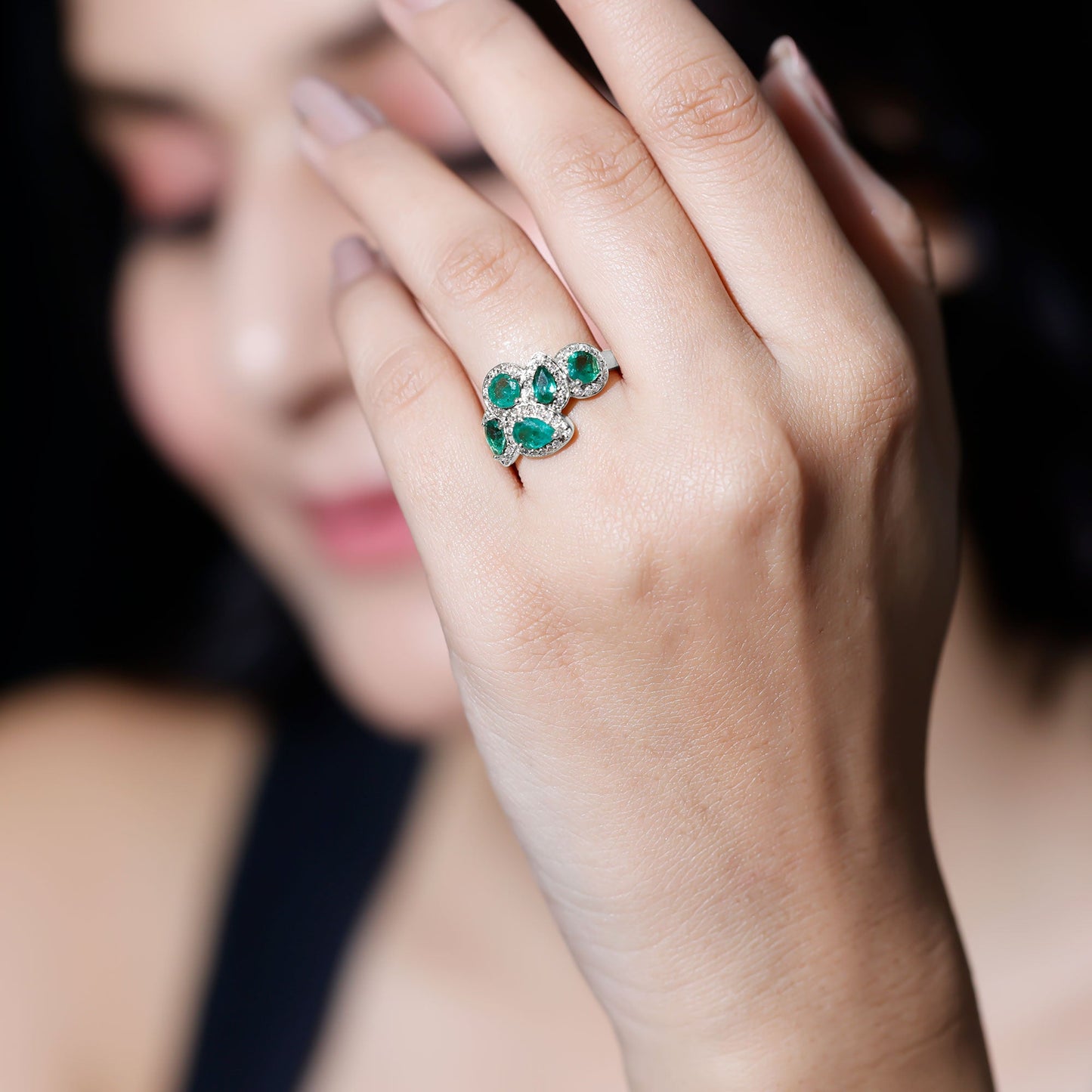 Natural Emerald and Diamond Cluster Engagement Ring