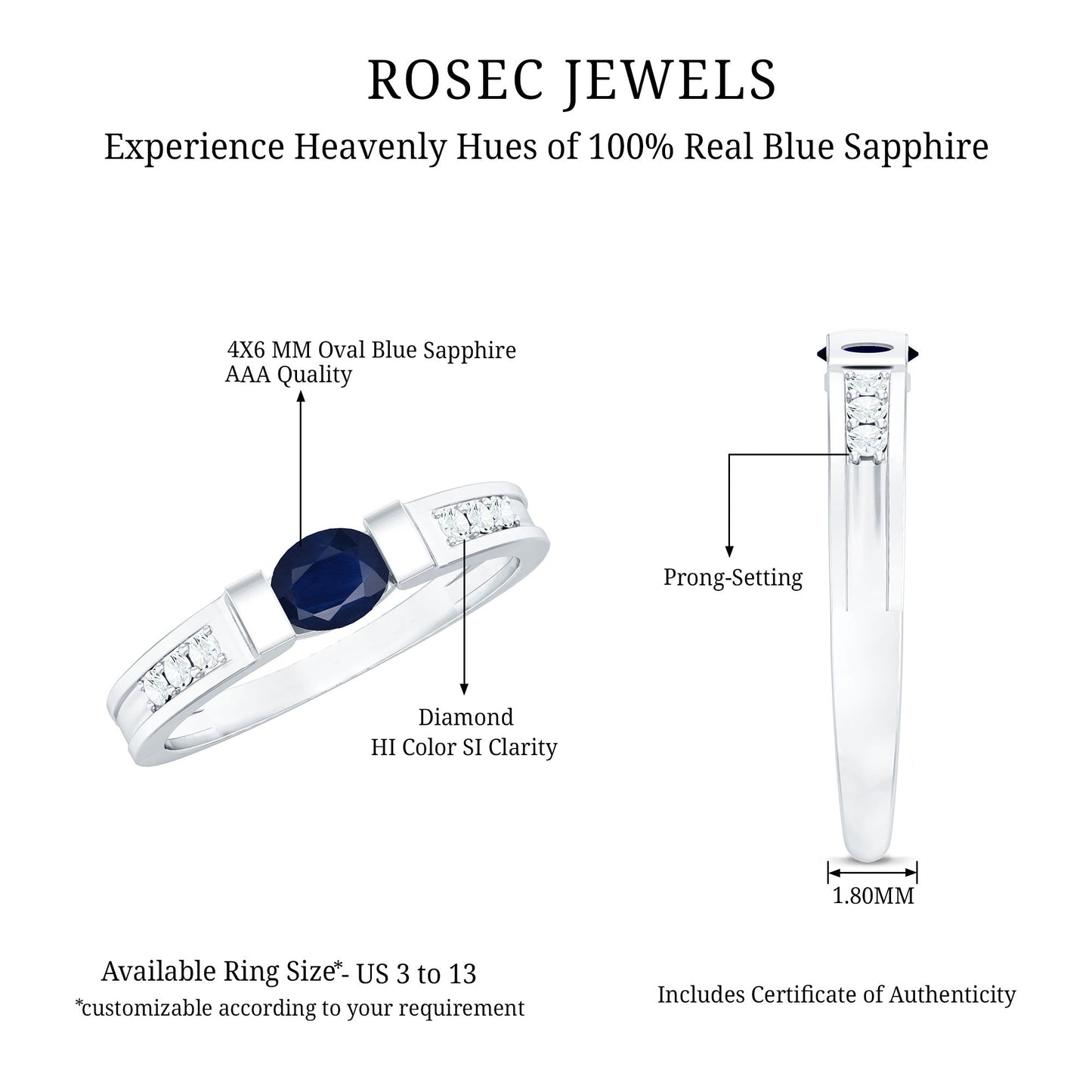 East West Style Oval Blue Sapphire Solitaire Ring with Diamond