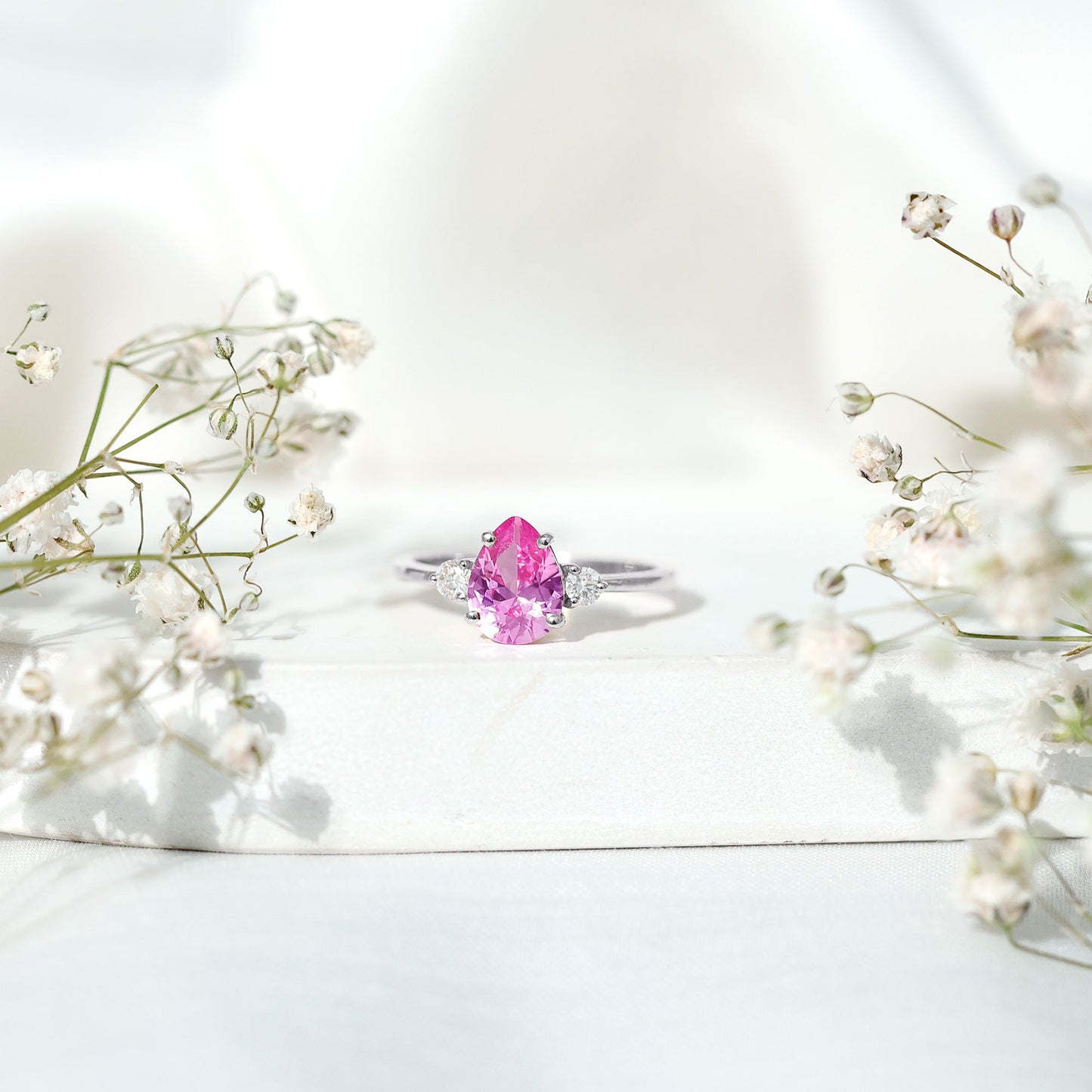 1 CT Lab Grown Pink Sapphire Teardrop Engagement Ring with Diamond