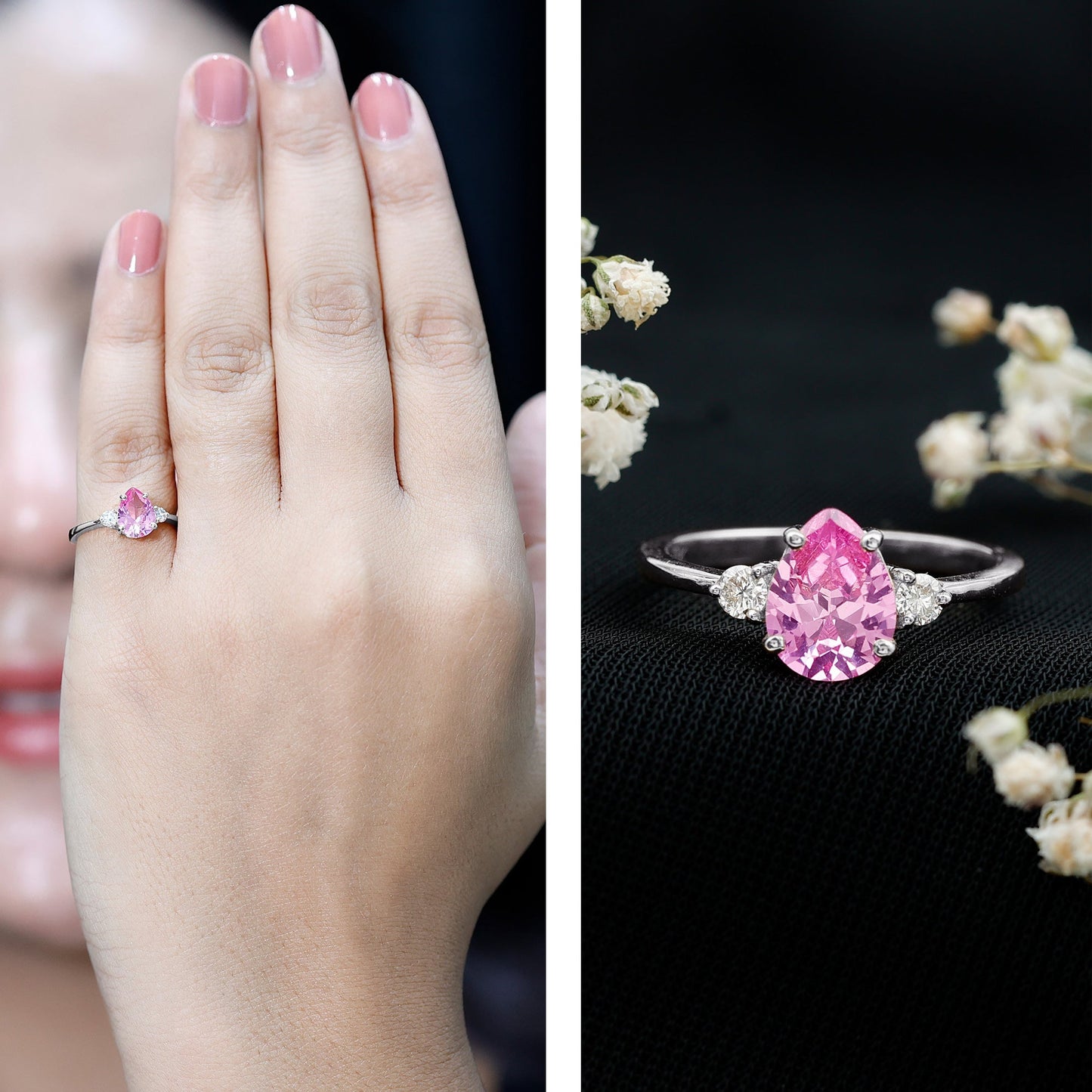 1 CT Lab Grown Pink Sapphire Teardrop Engagement Ring with Diamond