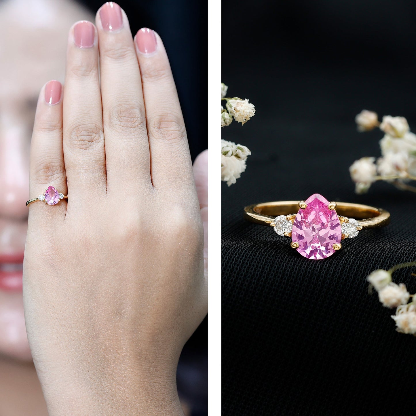 1 CT Lab Grown Pink Sapphire Teardrop Engagement Ring with Diamond