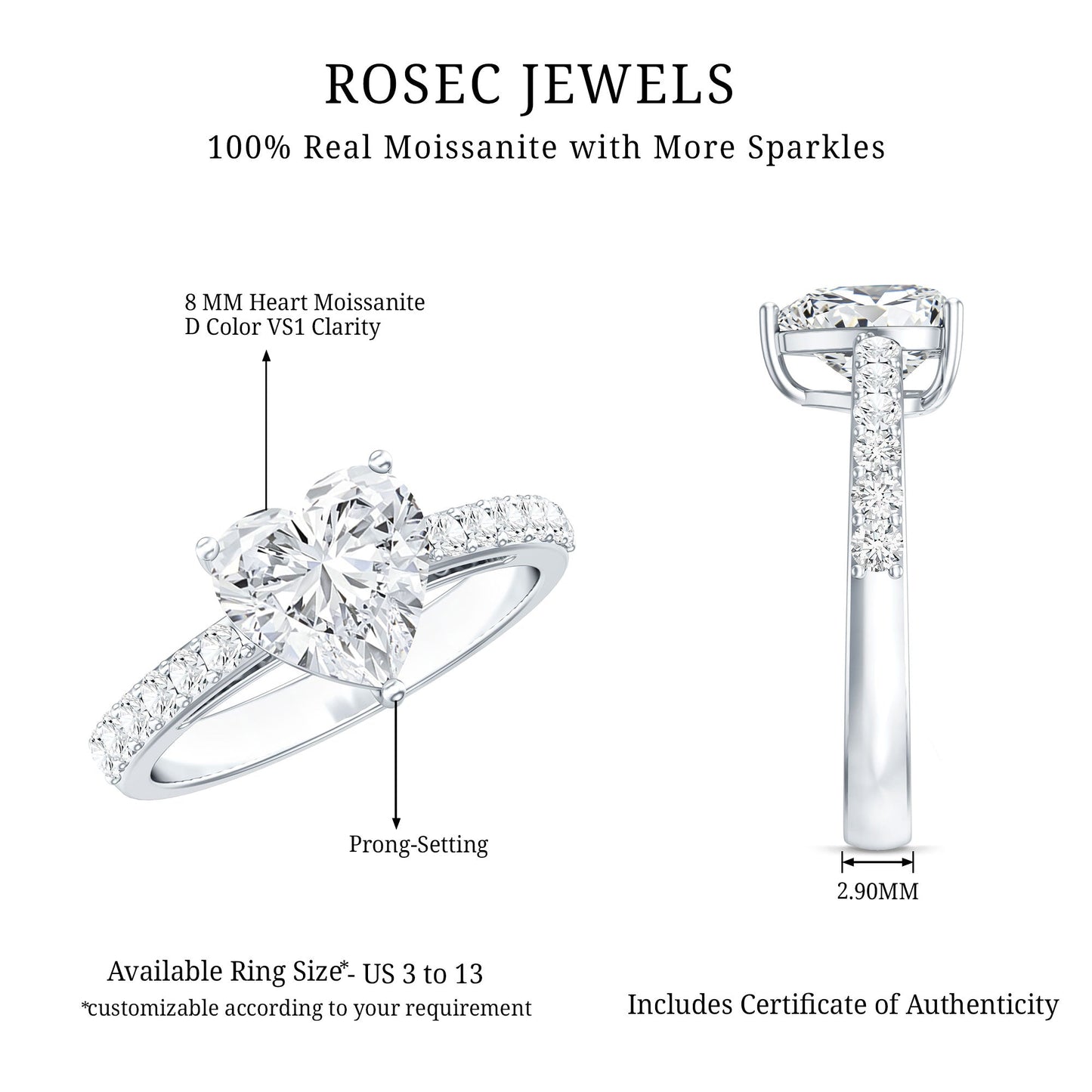 2 CT Moissanite Heart Engagement Ring With Side Stones