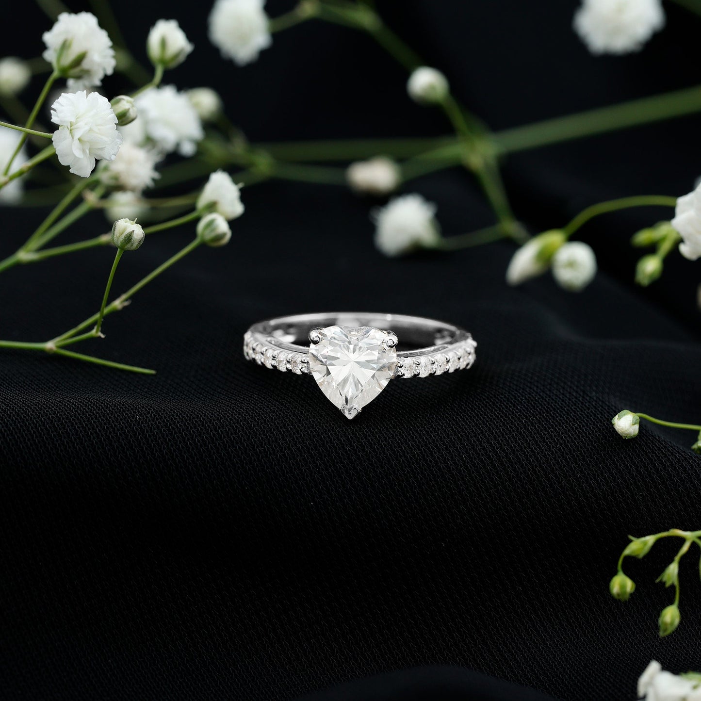 2 CT Moissanite Heart Engagement Ring With Side Stones