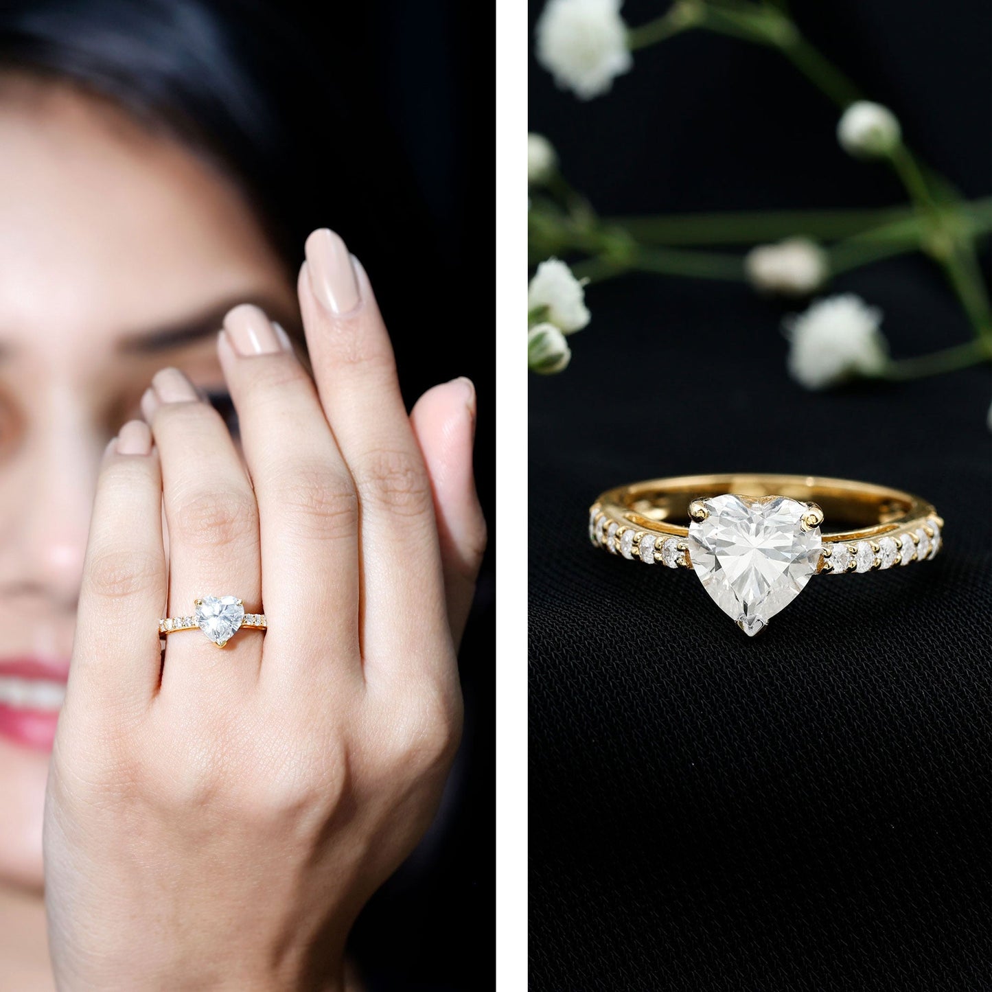 2 CT Moissanite Heart Engagement Ring With Side Stones