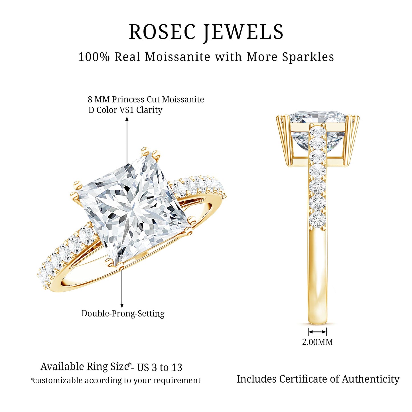 3 Carat Moissanite Princess Cut Engagement Ring With Double Prongs
