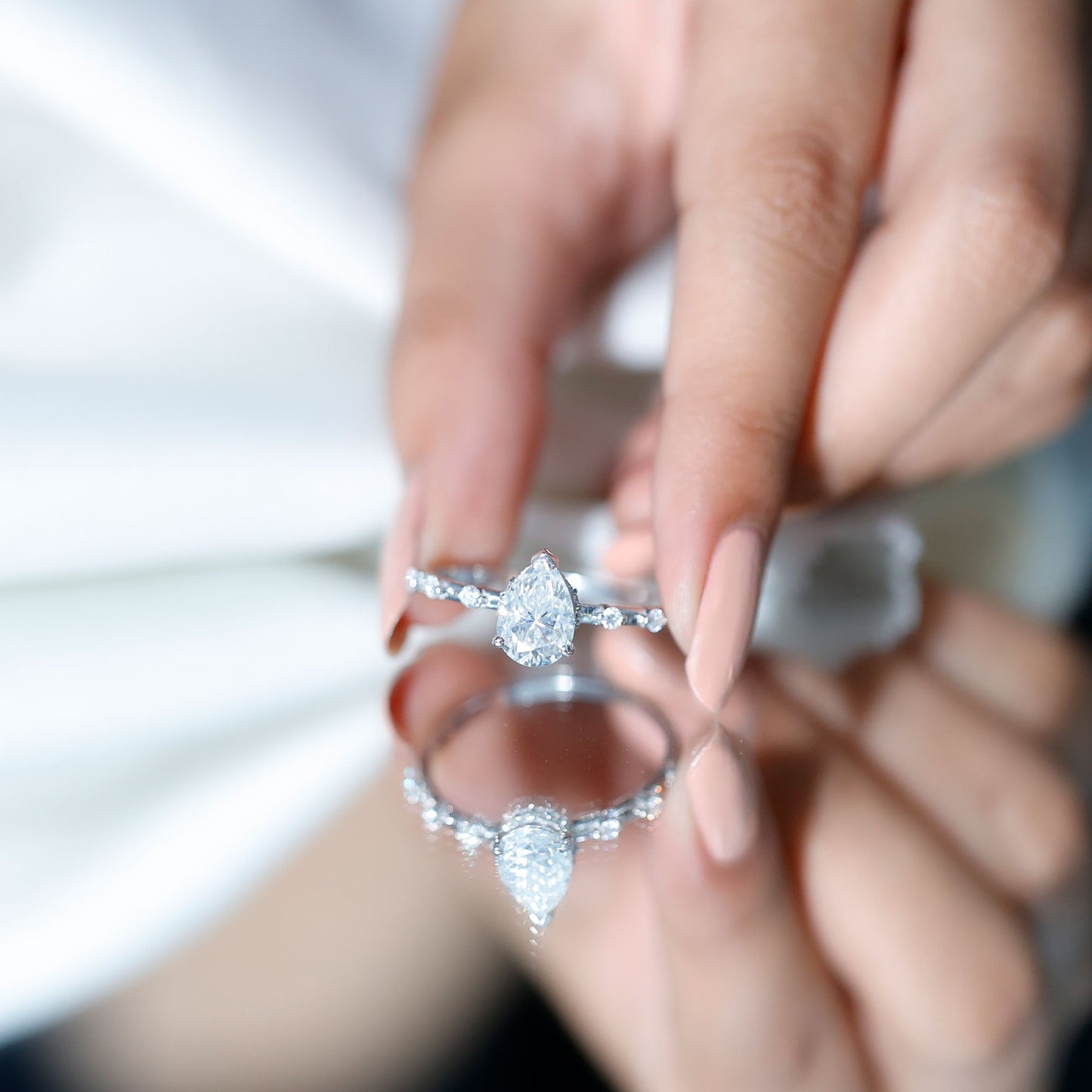 Brilliant Cut Moissanite Pear Shape Engagement Ring with Hidden Halo