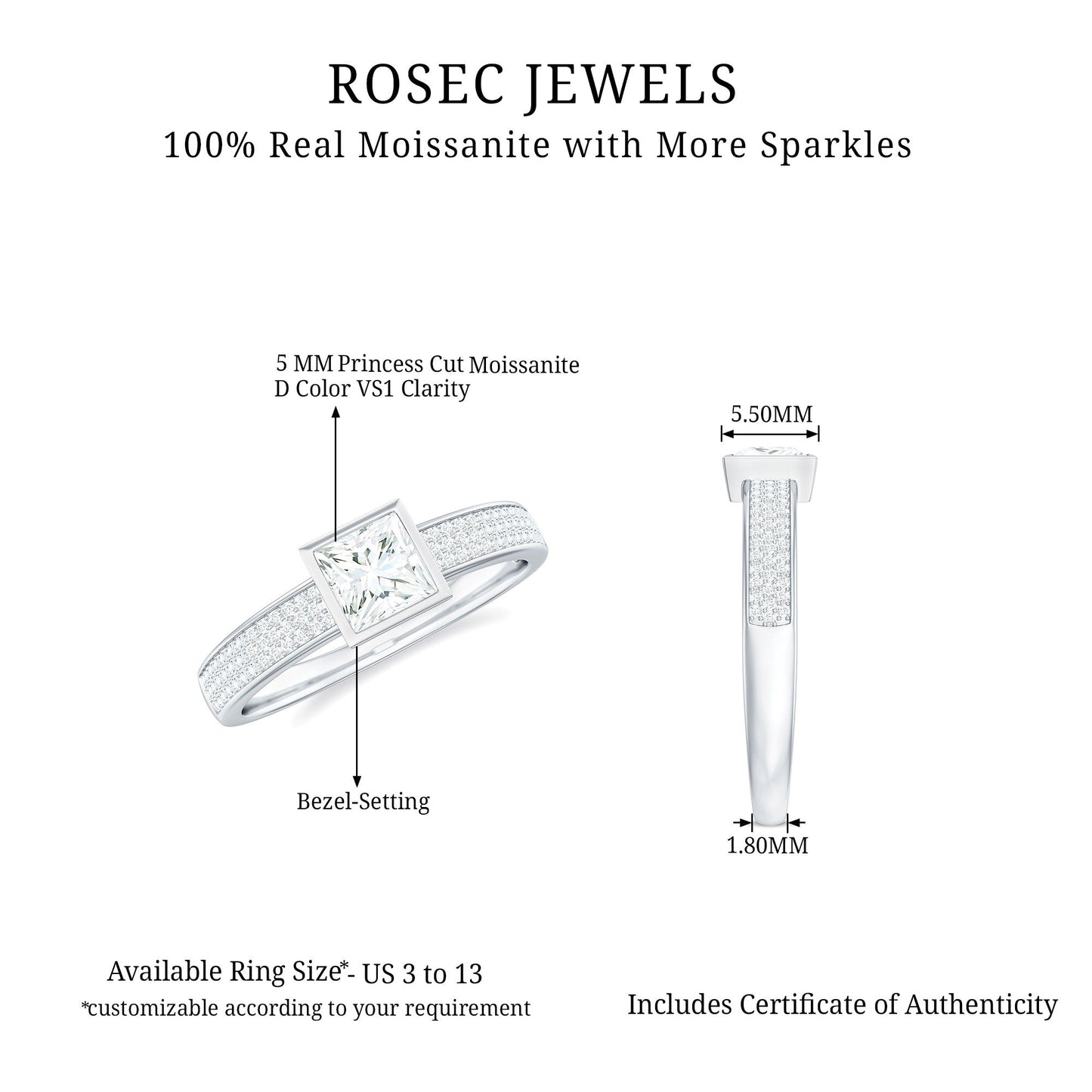 Princess Cut Moissanite Solitaire Engagement Ring in Bezel Setting