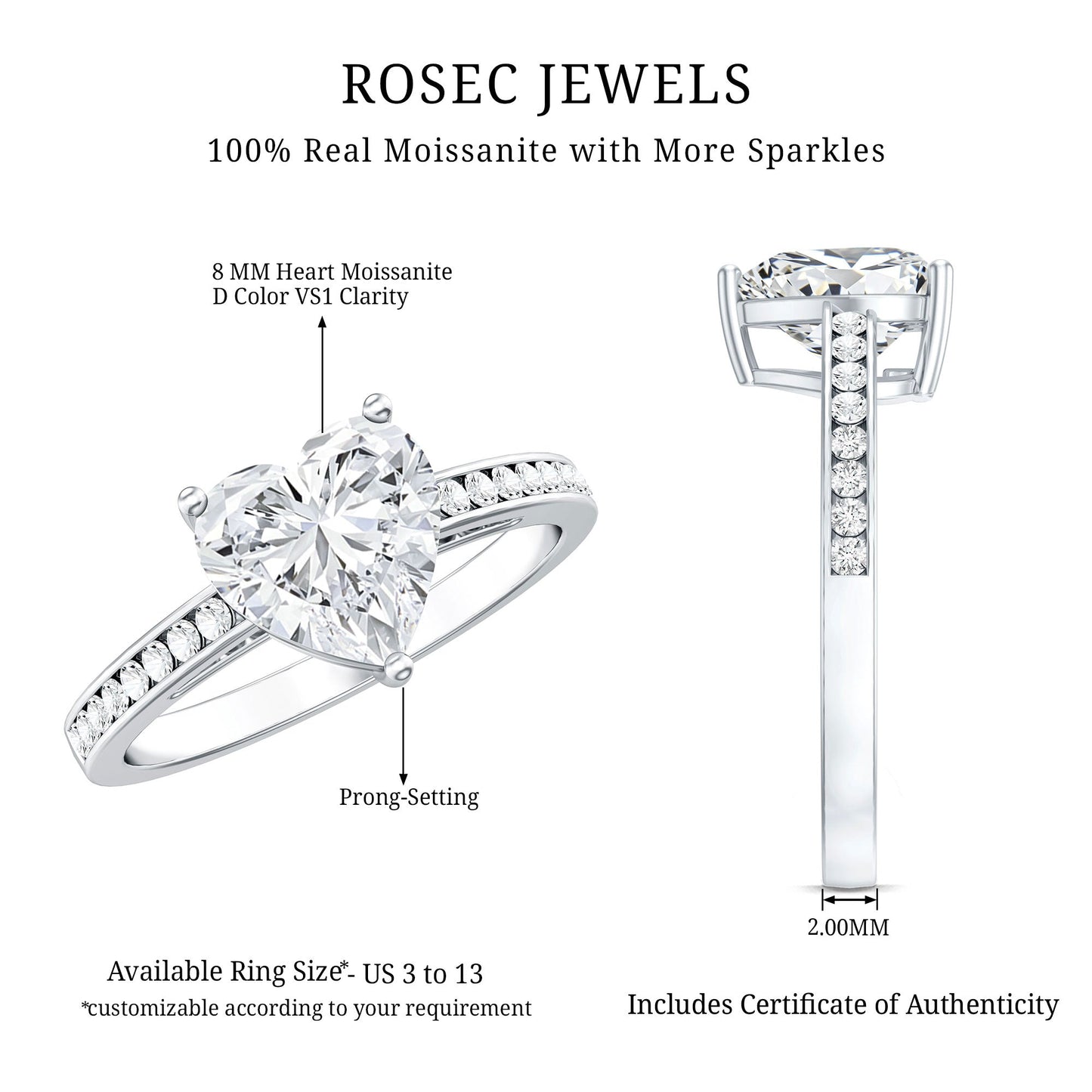 Moissanite 2 Carat Heart Engagement Ring with Side Stones