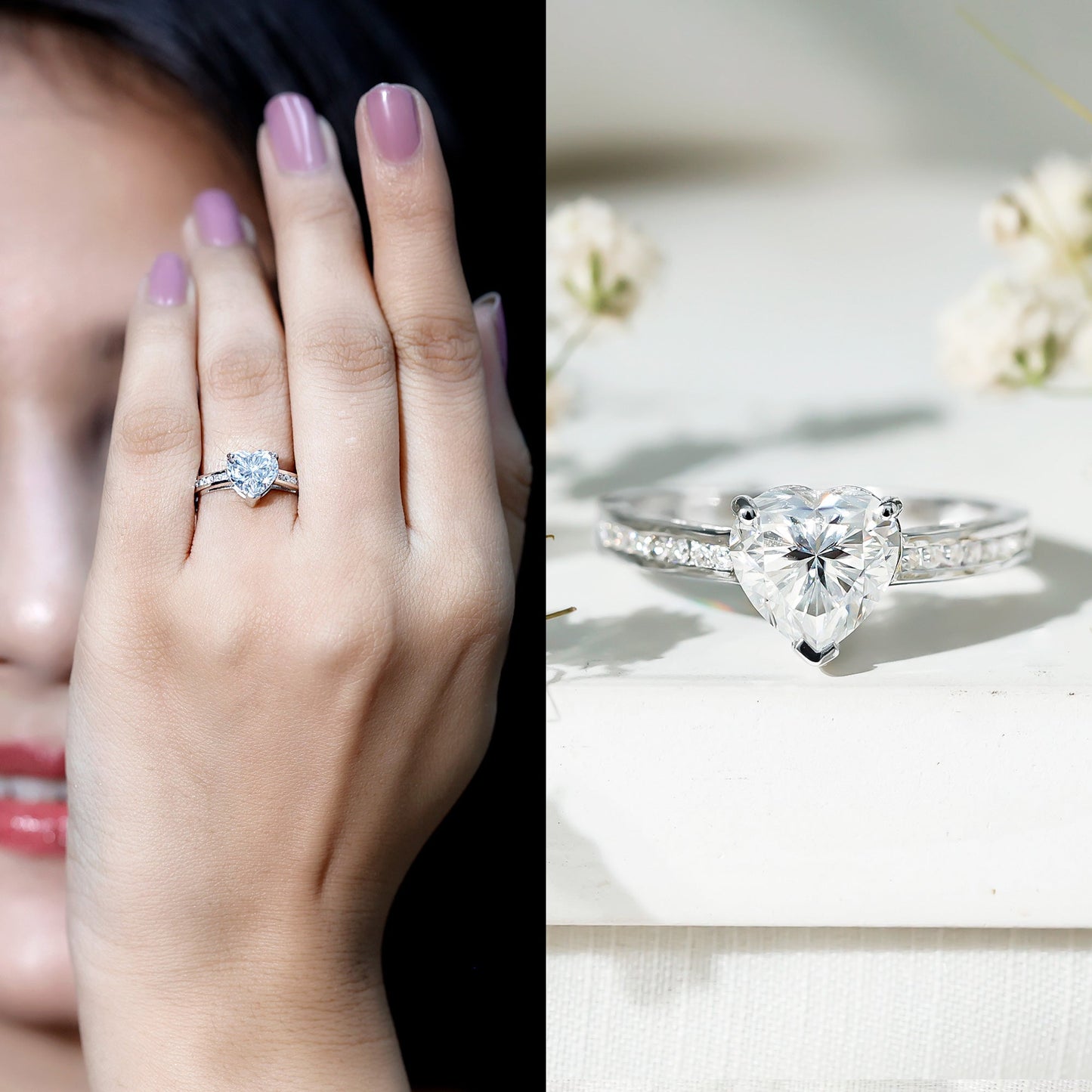 Moissanite 2 Carat Heart Engagement Ring with Side Stones