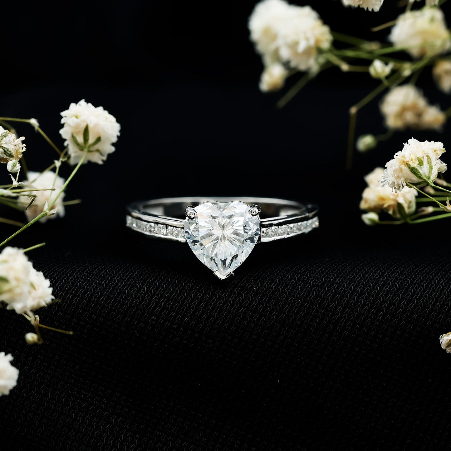 Moissanite 2 Carat Heart Engagement Ring with Side Stones