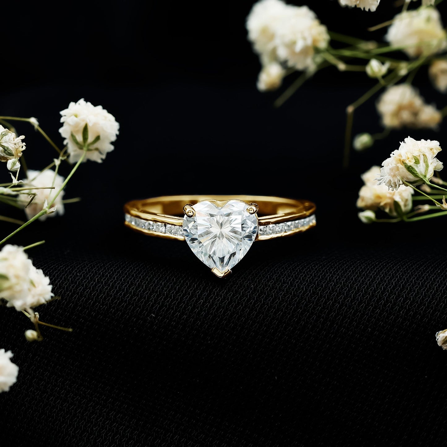 Moissanite 2 Carat Heart Engagement Ring with Side Stones