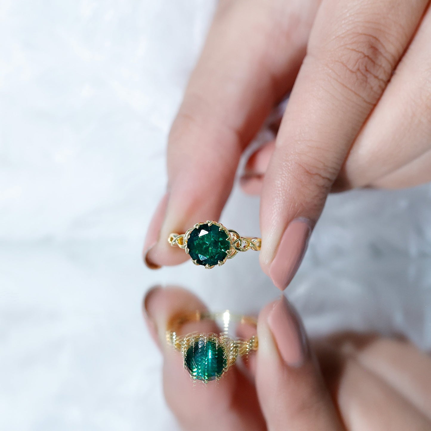 Lotus Basket Set Lab Grown Emerald Knot Engagement Ring