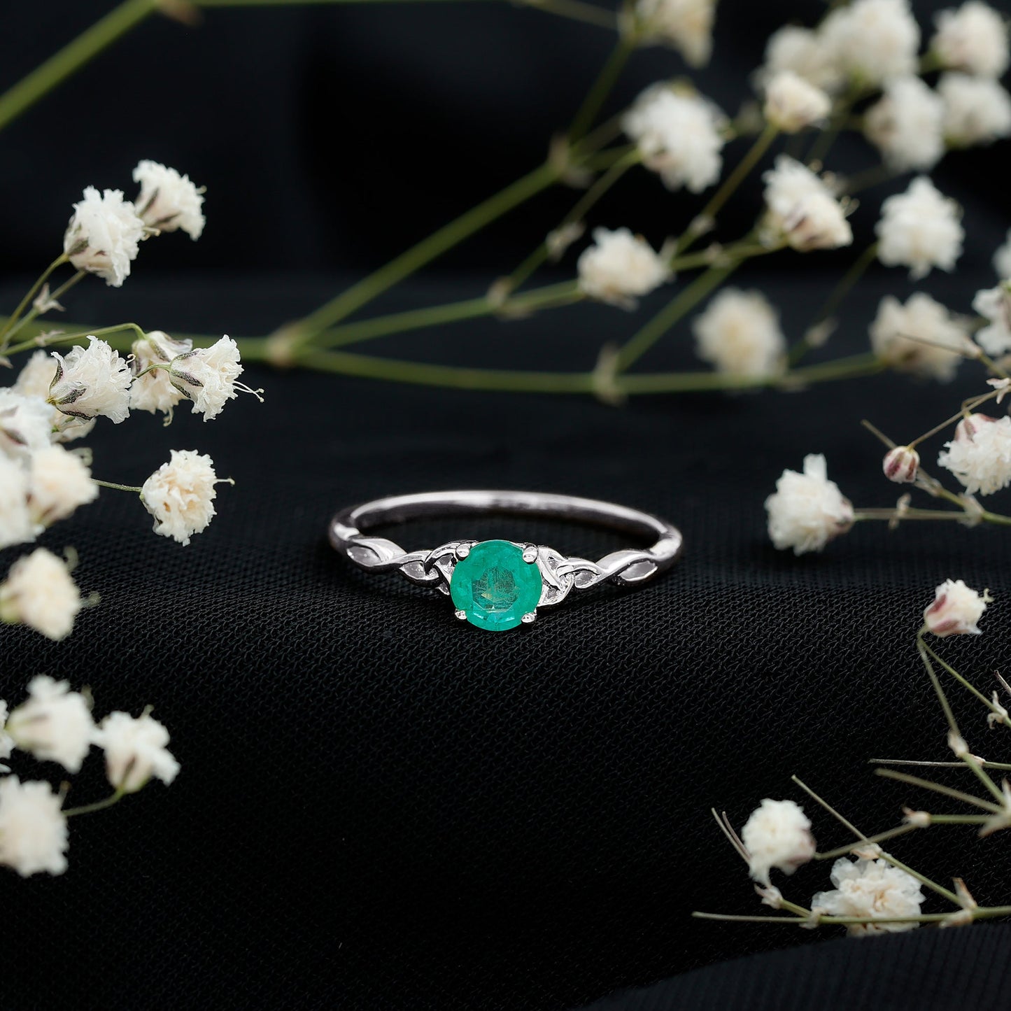 Solitaire Round Emerald Promise Ring with Celtic Band