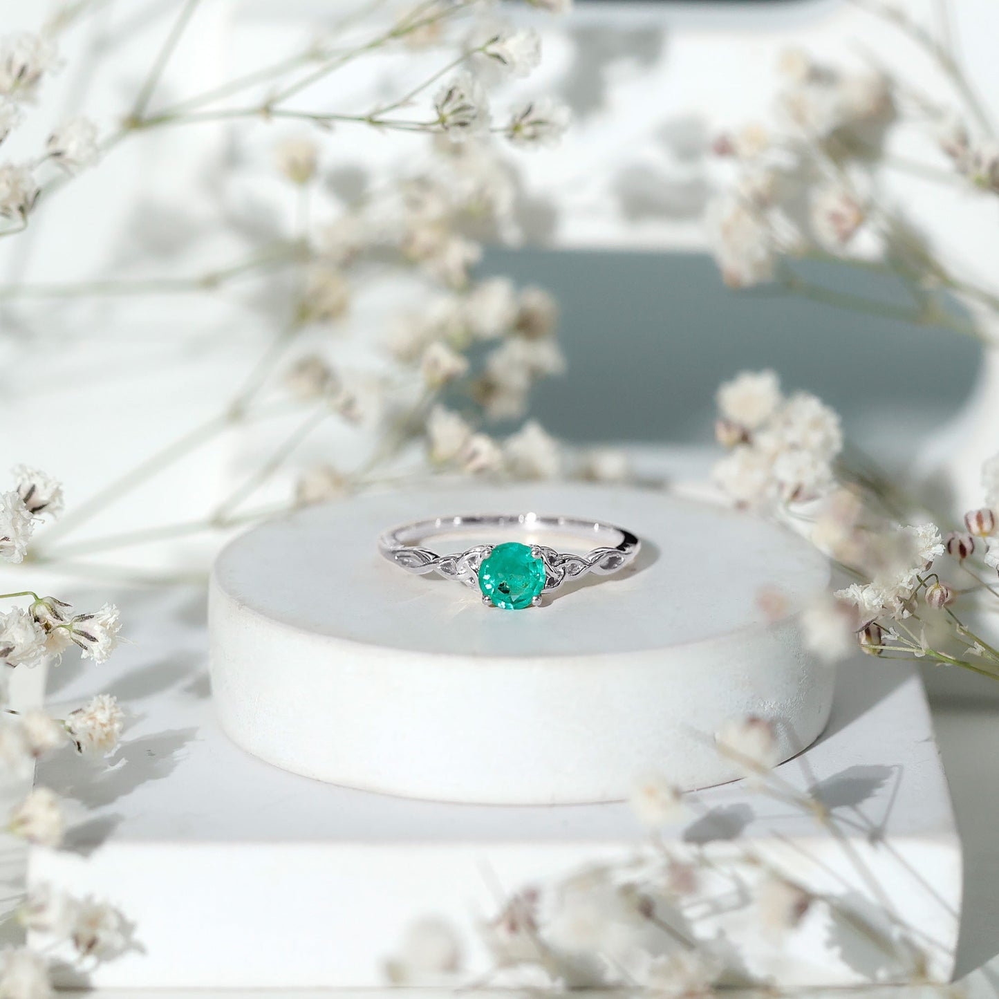 Solitaire Round Emerald Promise Ring with Celtic Band