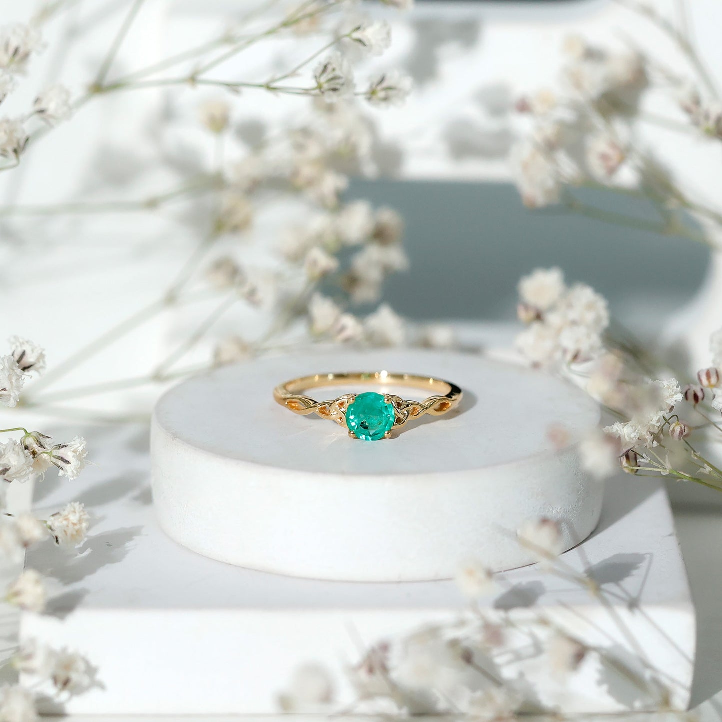 Solitaire Round Emerald Promise Ring with Celtic Band