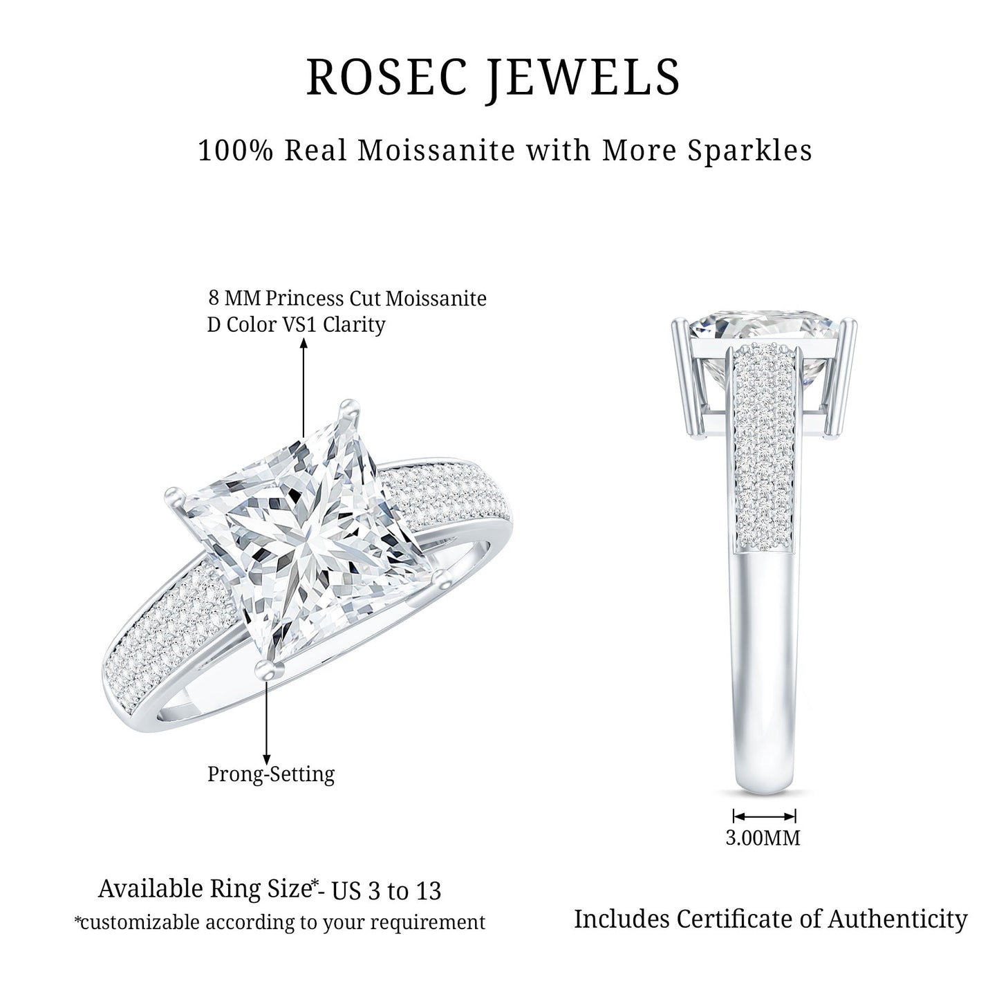 Princess Cut Moissanite Engagement Ring With Certificate