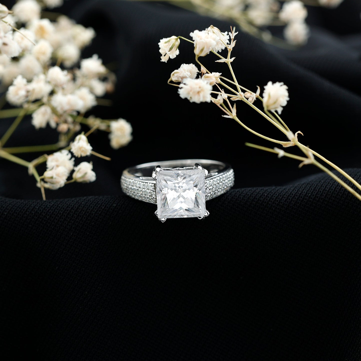 3 Carat Princess Cut Moissanite Side Stone Engagement Ring