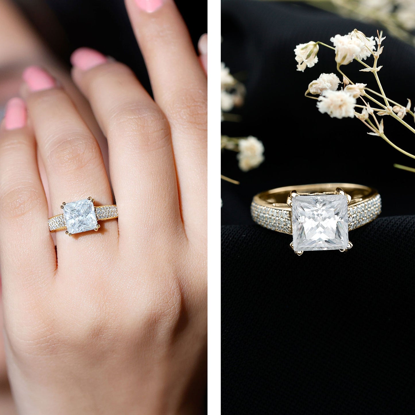 3 Carat Princess Cut Moissanite Side Stone Engagement Ring