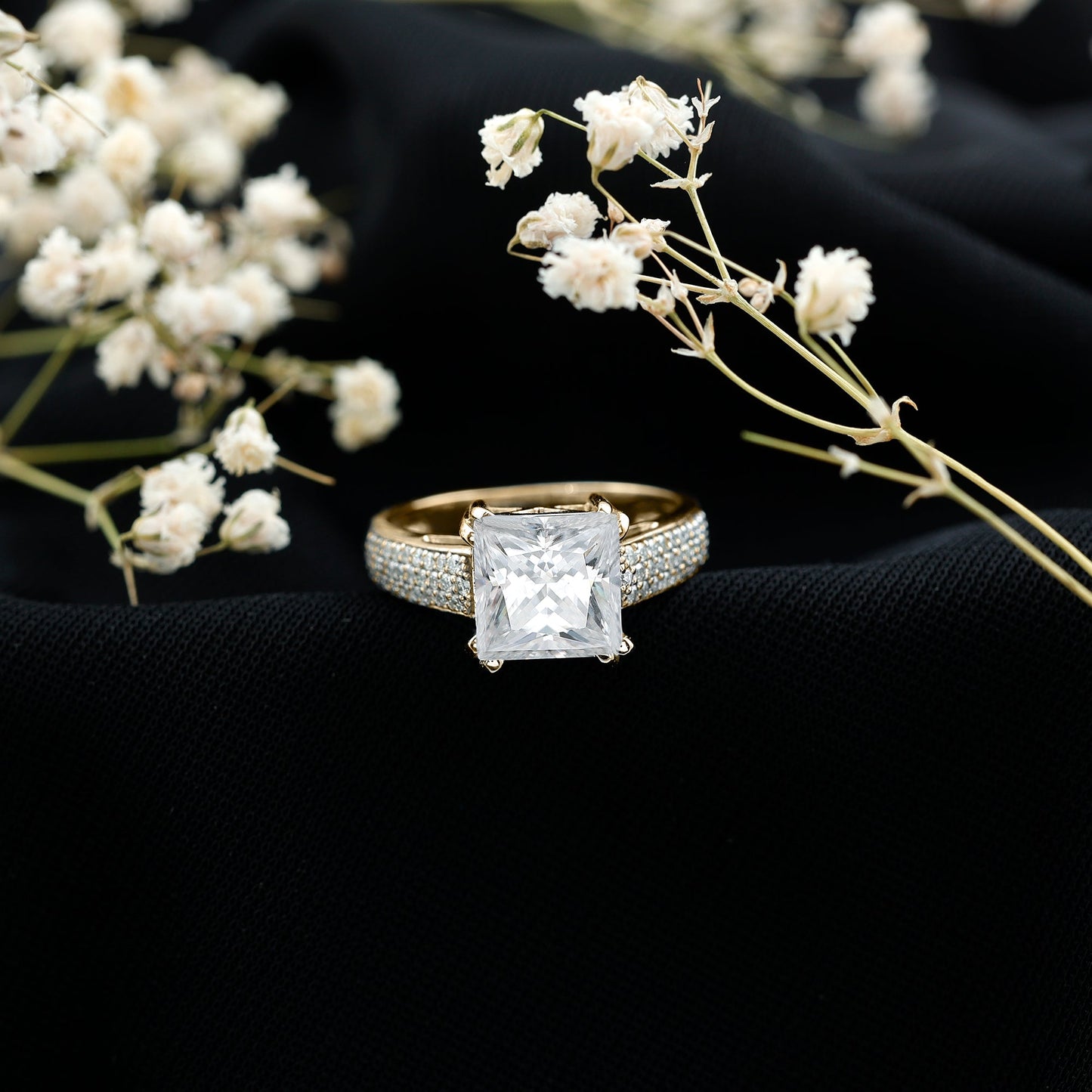 3 Carat Princess Cut Moissanite Side Stone Engagement Ring
