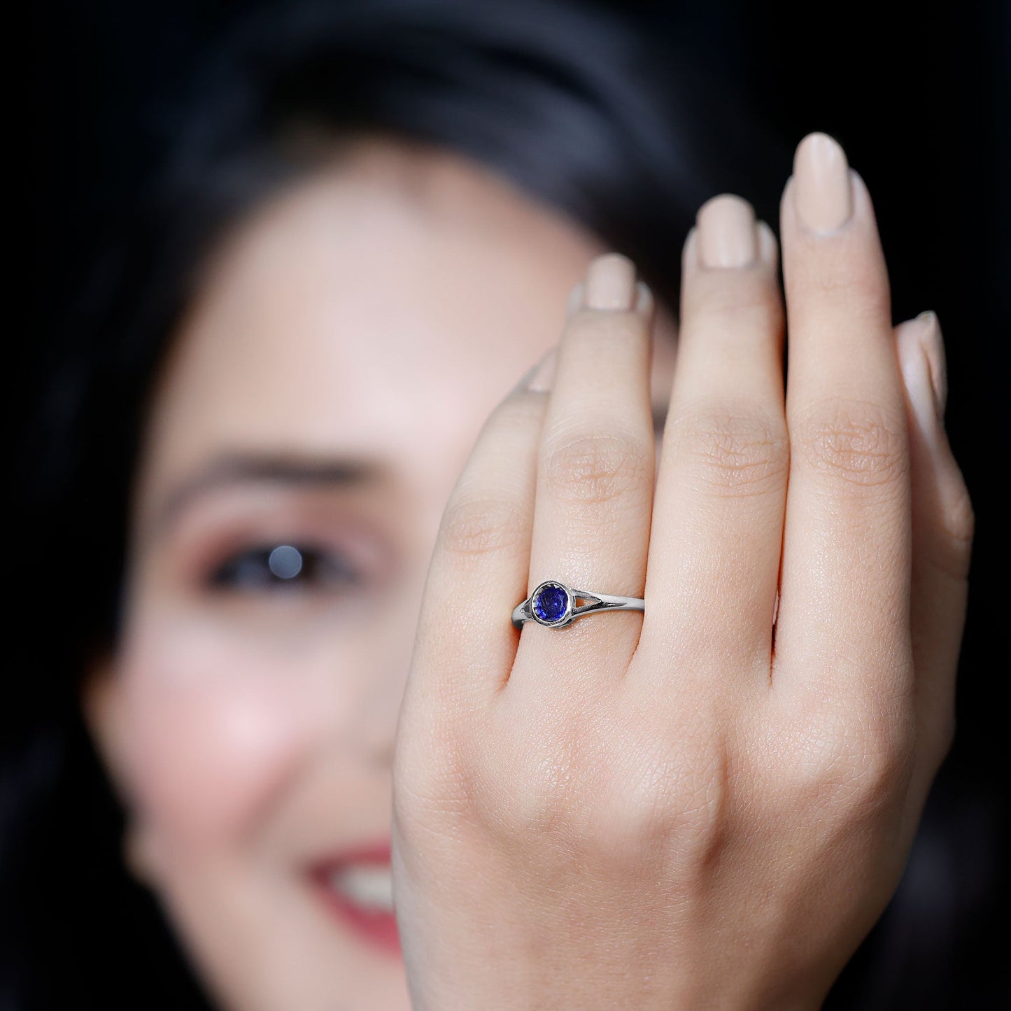 Certified 0.6 Carat Lab Grown Blue Sapphire Promise Ring with Split Shank