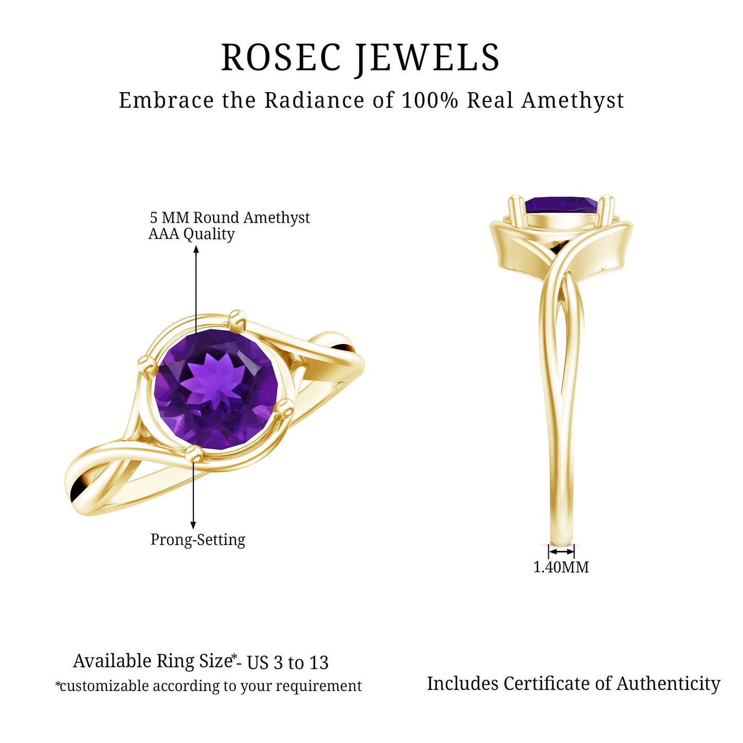 Real February Birthstone Amethyst Promise Ring with Crossover Shank