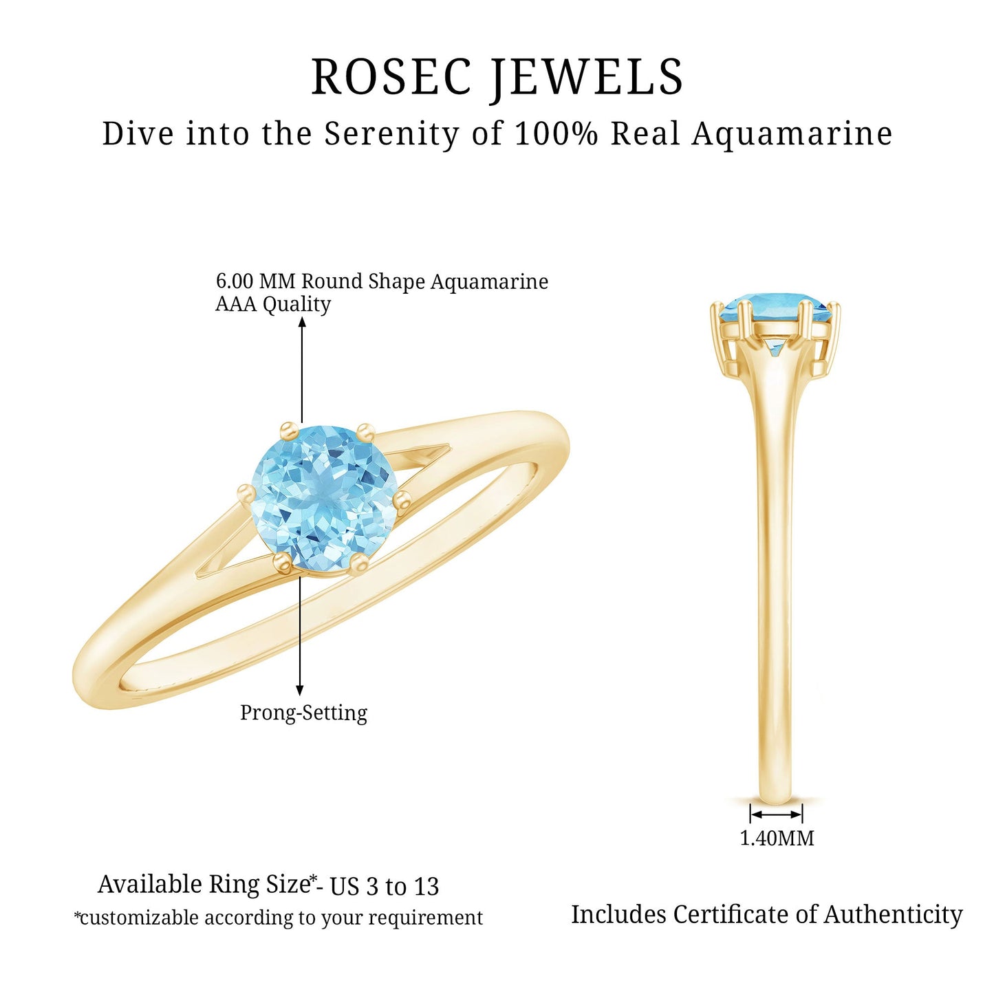 Natural Aquamarine Solitaire Promise Ring in 6 Prong Setting