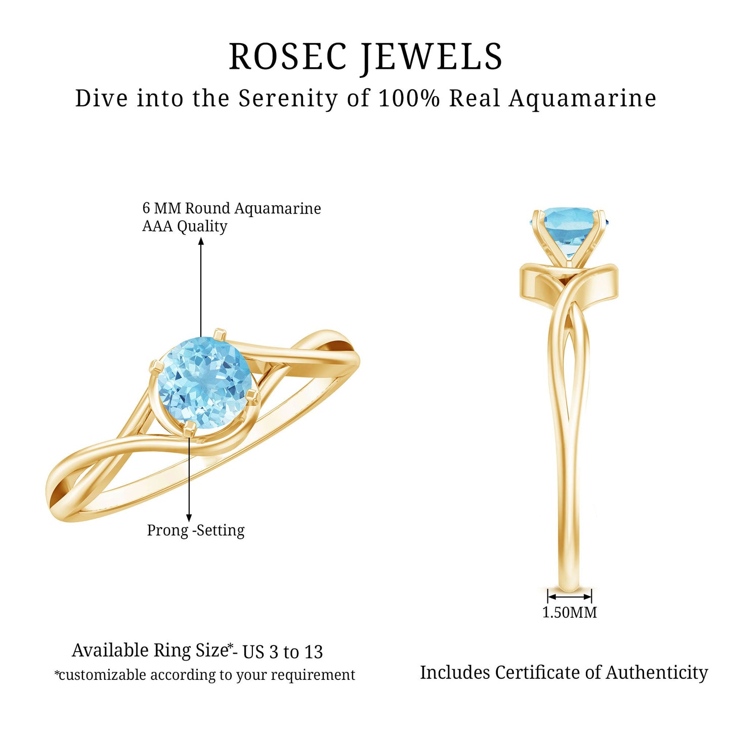 Solitaire Aquamarine Birthstone Ring with Crossover Shank