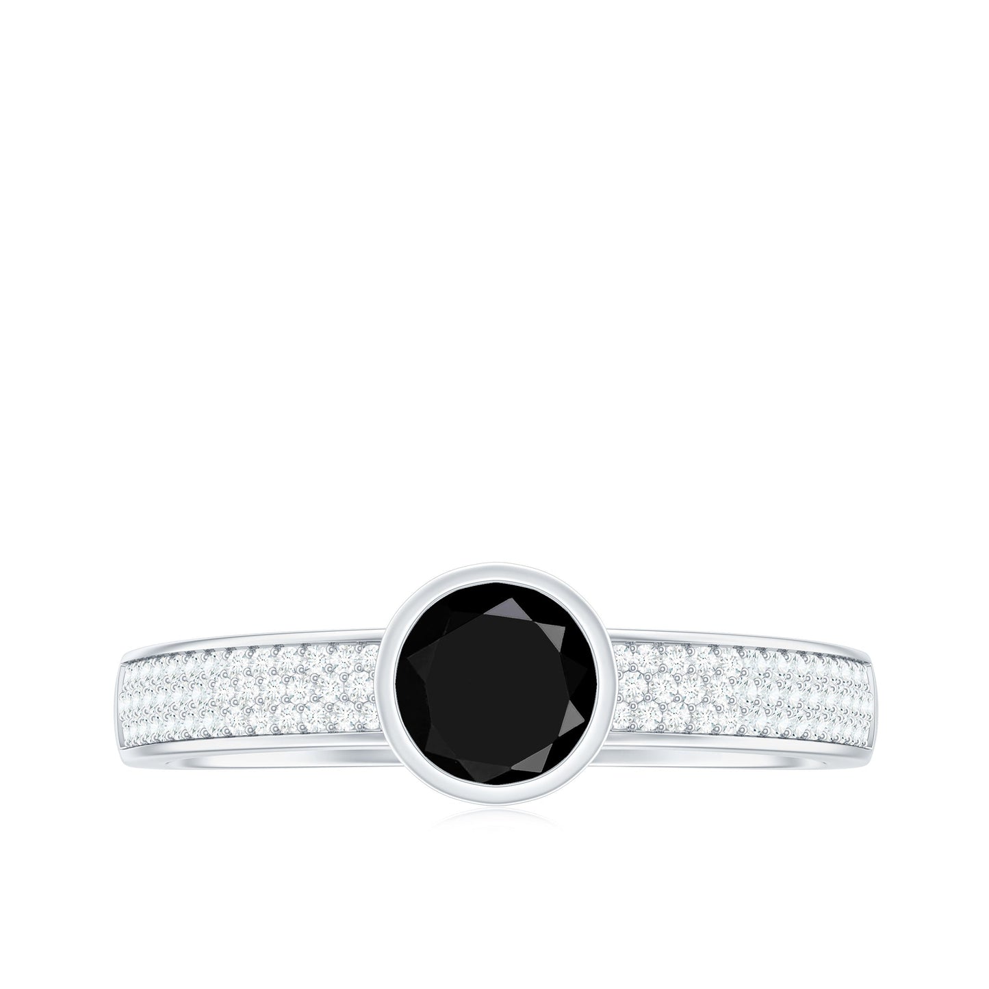 Natural Black Spinel Bezel Set Engagement Ring with Diamond Side Stones