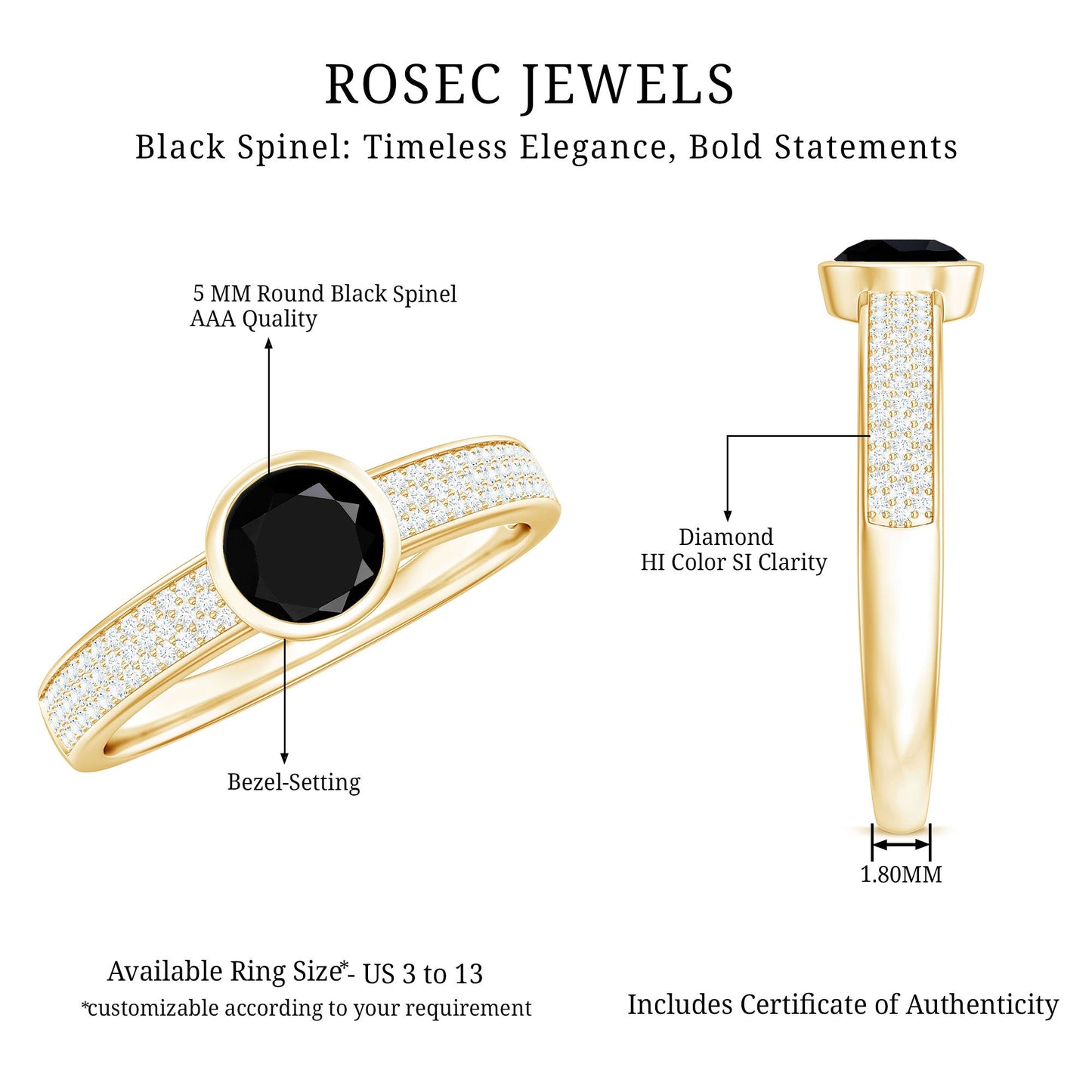 Natural Black Spinel Bezel Set Engagement Ring with Diamond Side Stones
