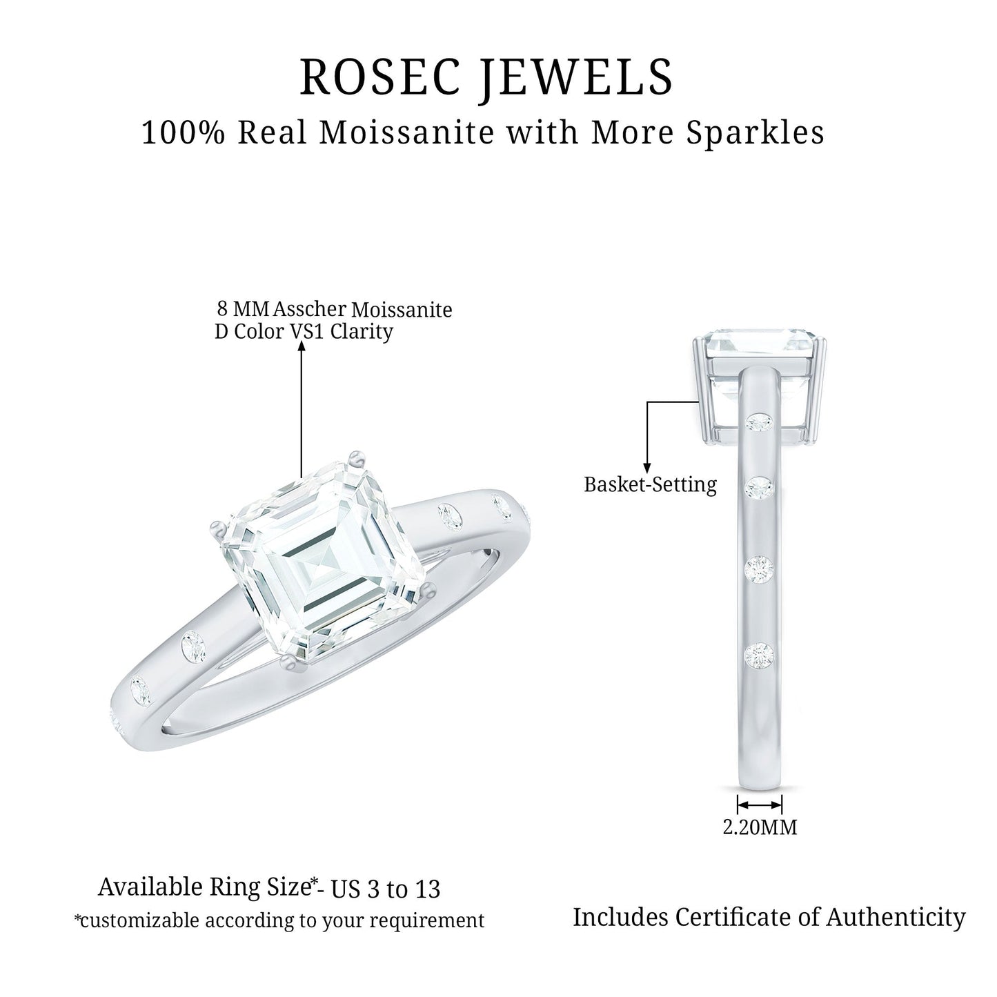 Asscher Cut Moissanite Solitaire Engagement Ring with Certificate