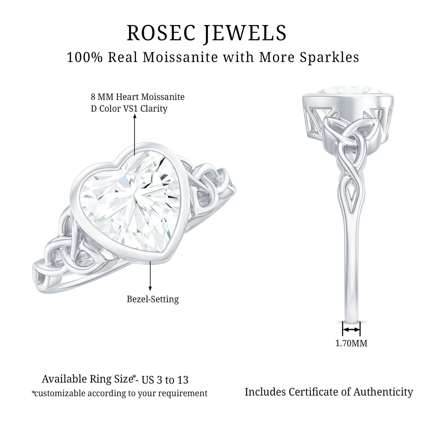 Heart Shape Moissanite Knot Engagement Ring in Bezel Setting