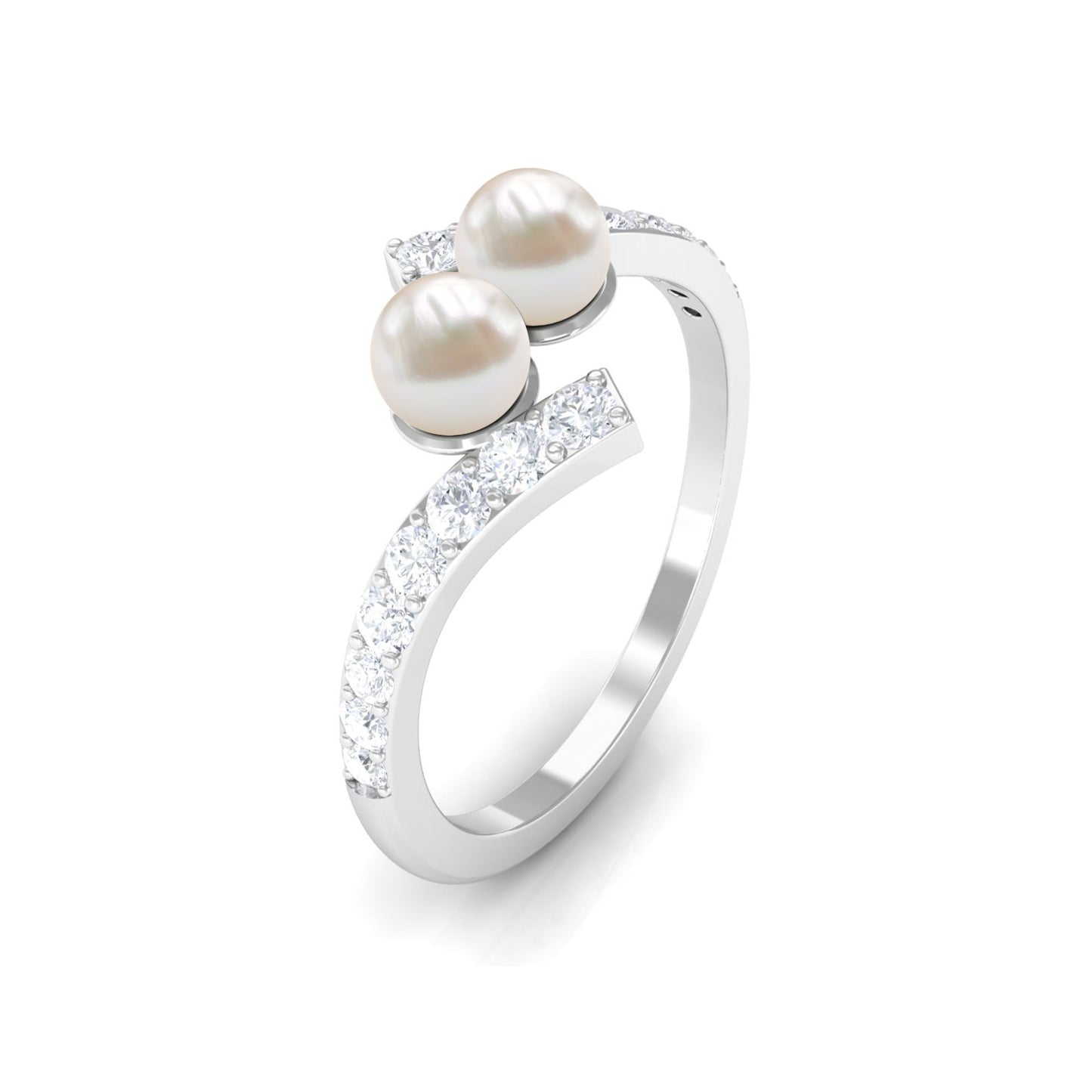Freshwater Pearl 2 Stone Engagement Ring Diamond Bypass Shank