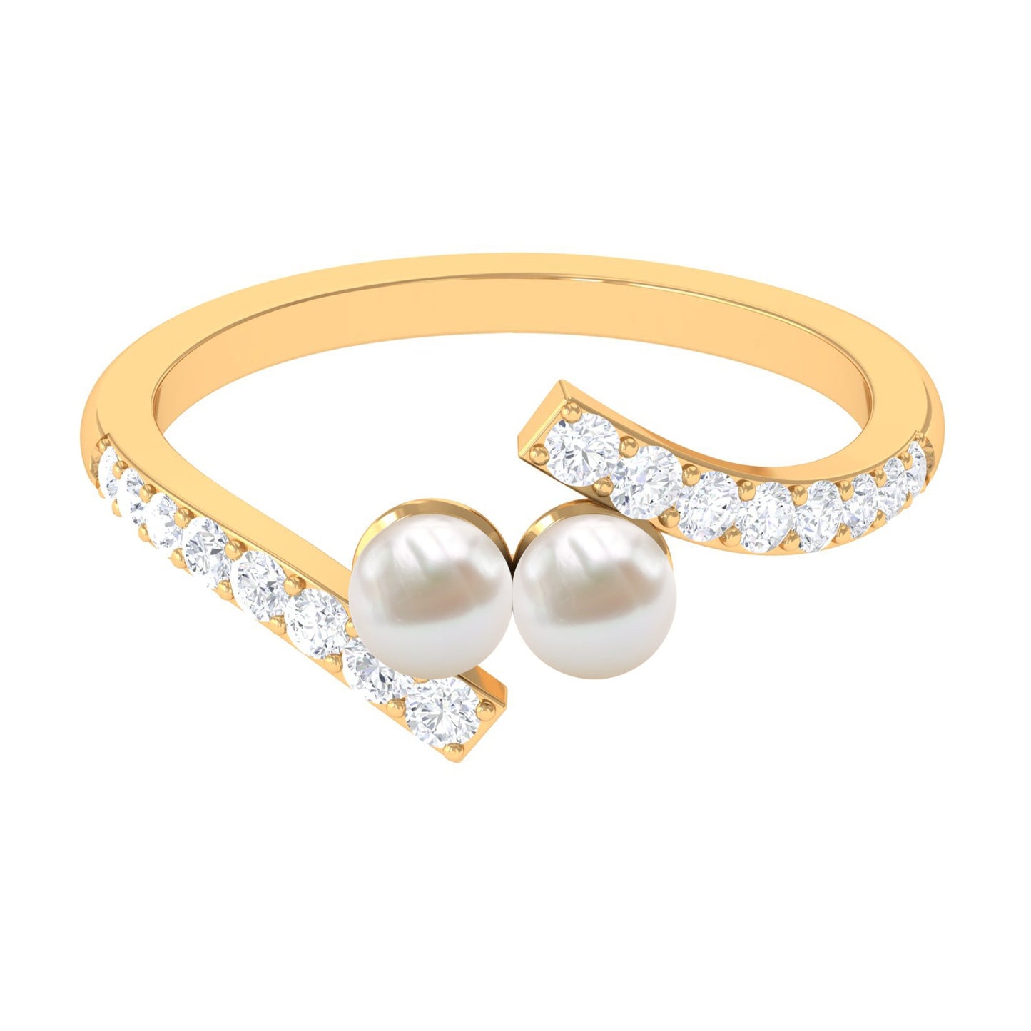 Freshwater Pearl 2 Stone Engagement Ring Diamond Bypass Shank