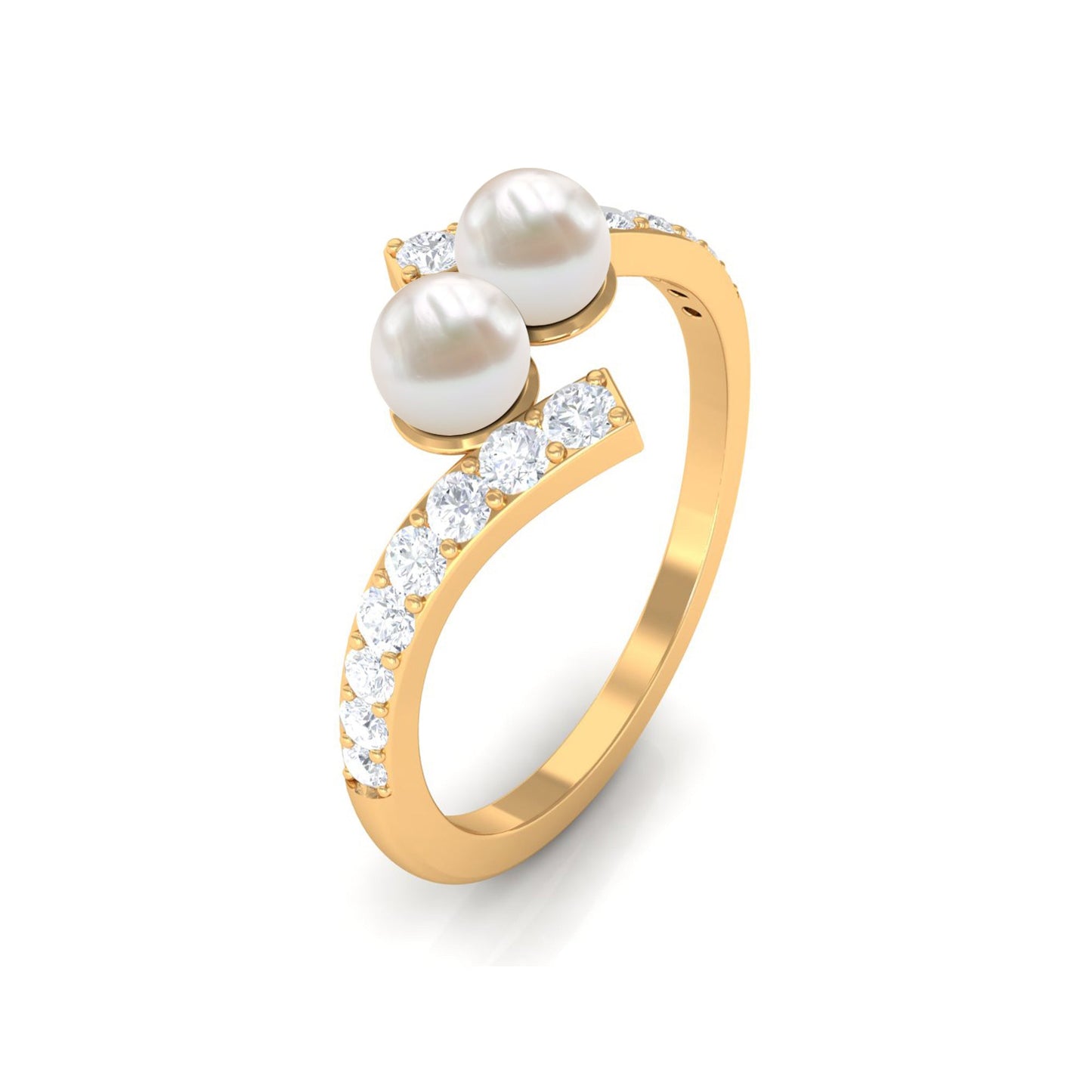 Freshwater Pearl 2 Stone Engagement Ring Diamond Bypass Shank