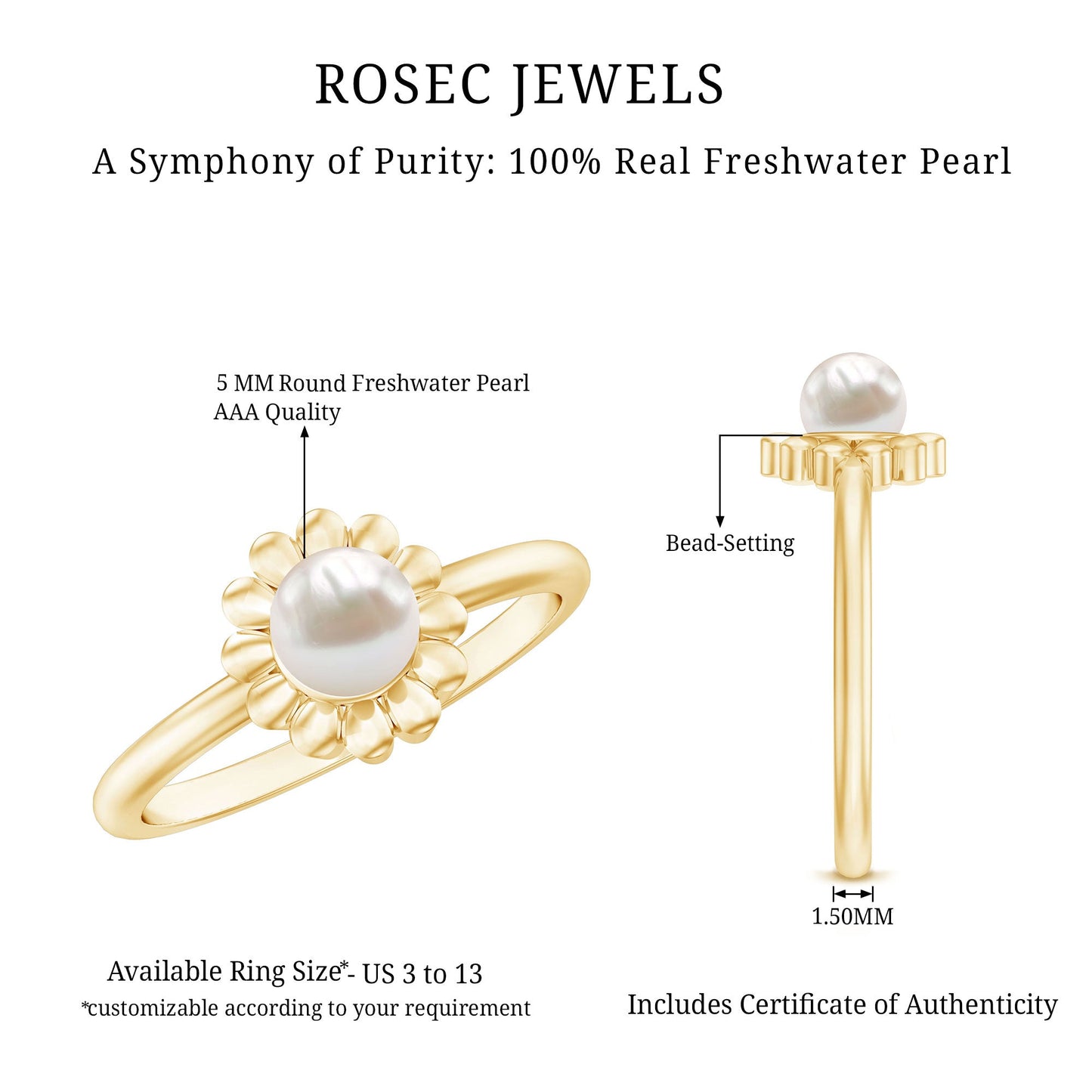 2 Carat Solitaire Freshwater Cultured Pearl Flower Ring