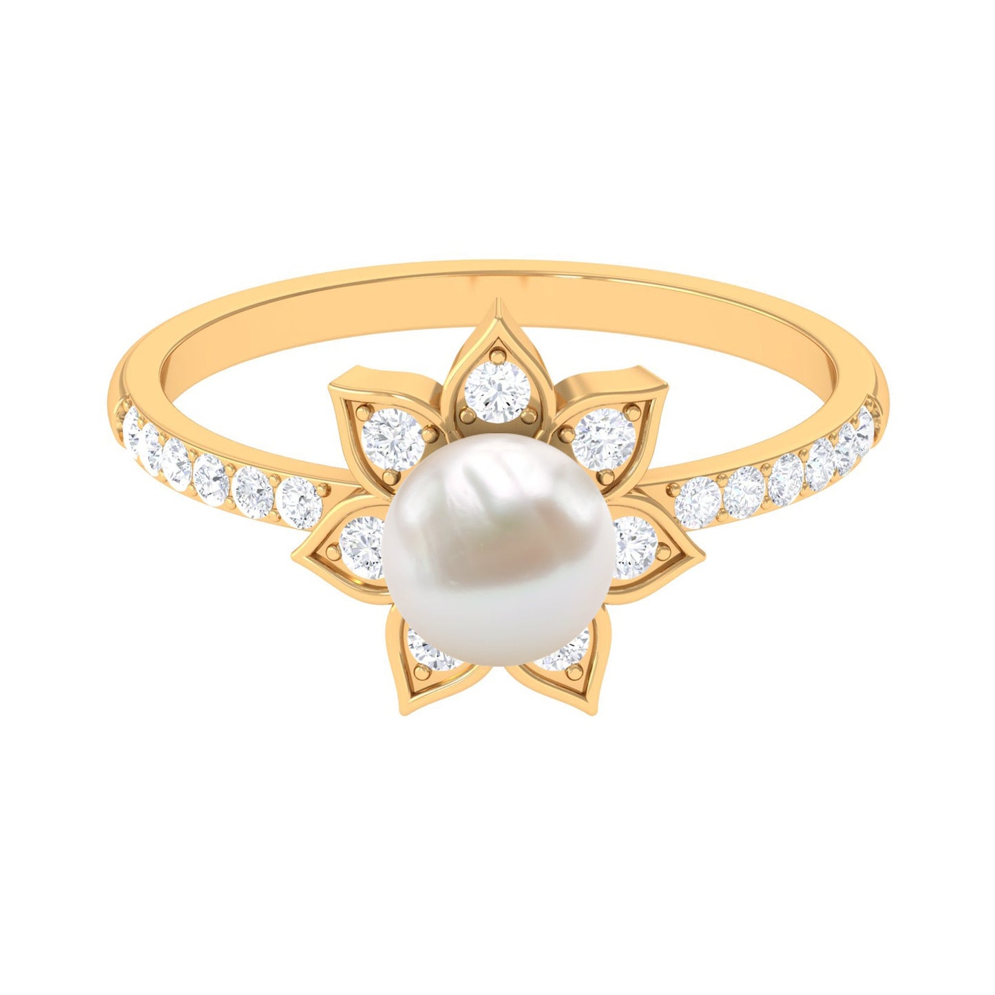Freshwater Pearl Solitaire Floral Engagement Ring with Diamond