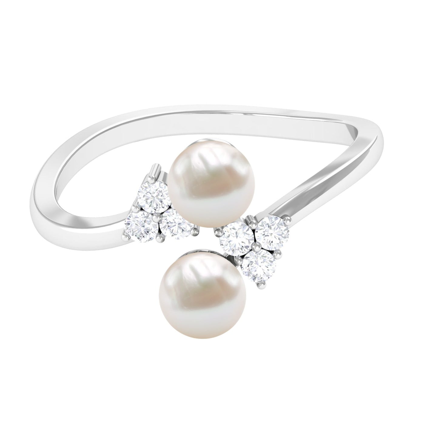 Real Freshwater Pearl 2 Stone Engagement Ring with Diamond