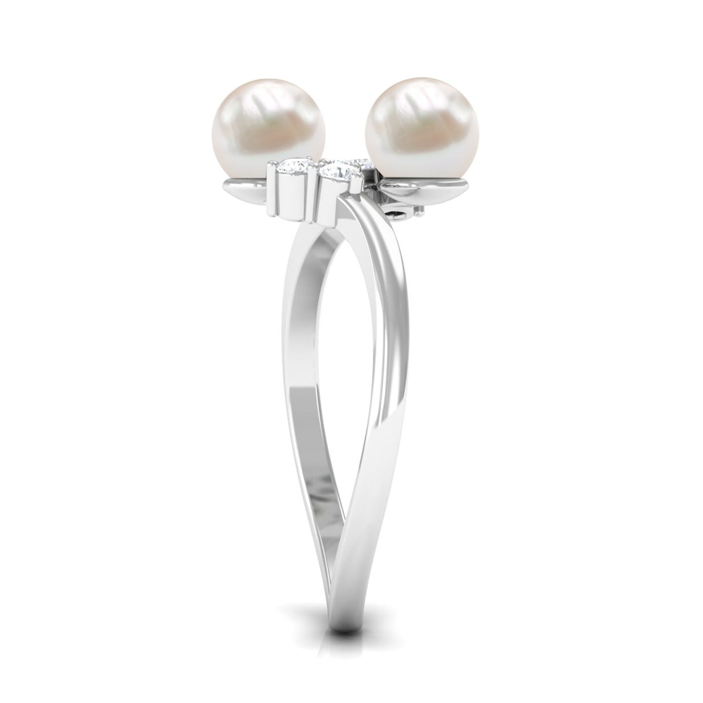Real Freshwater Pearl 2 Stone Engagement Ring with Diamond