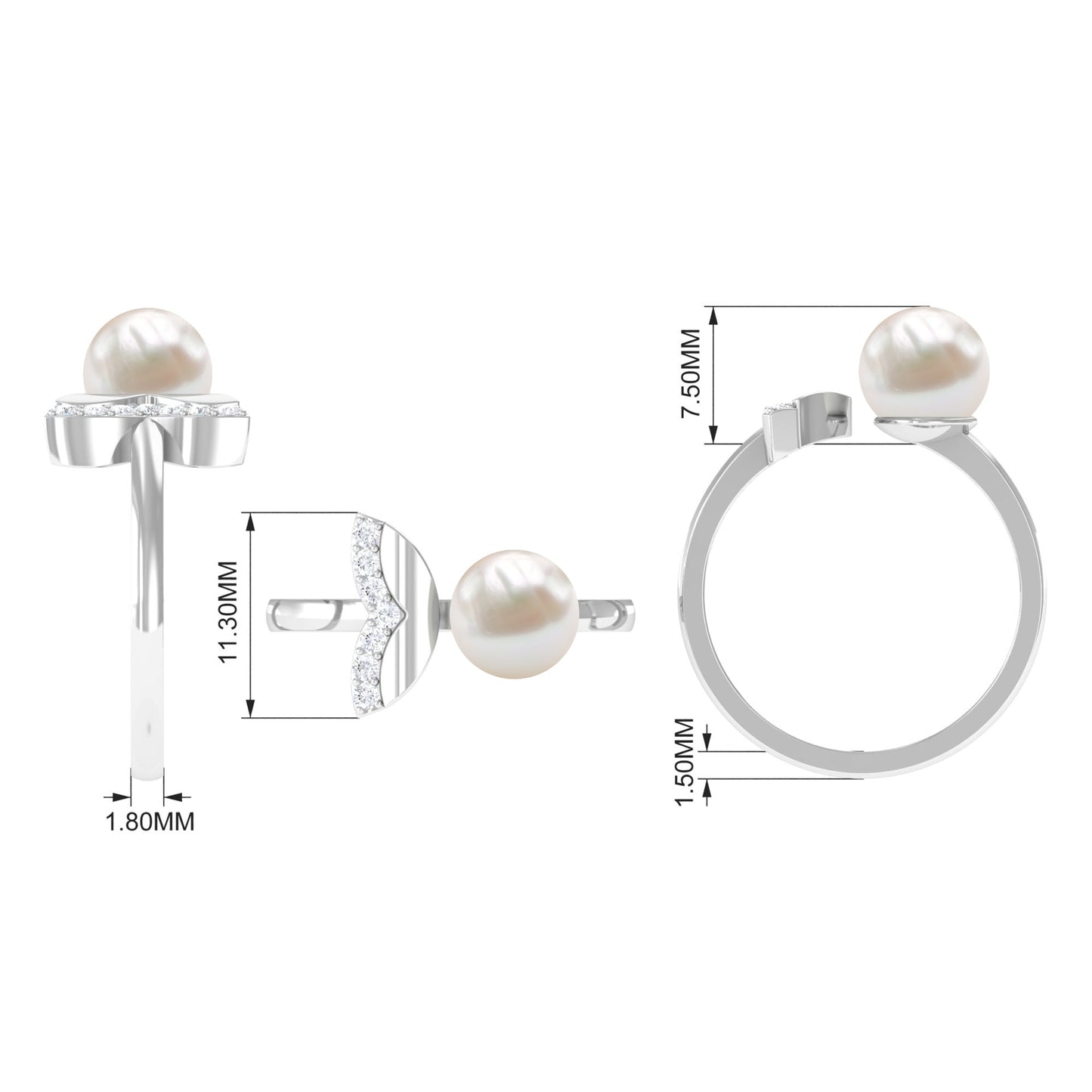 Natural 3 Carat Freshwater Pearl Cuff Ring with Diamond