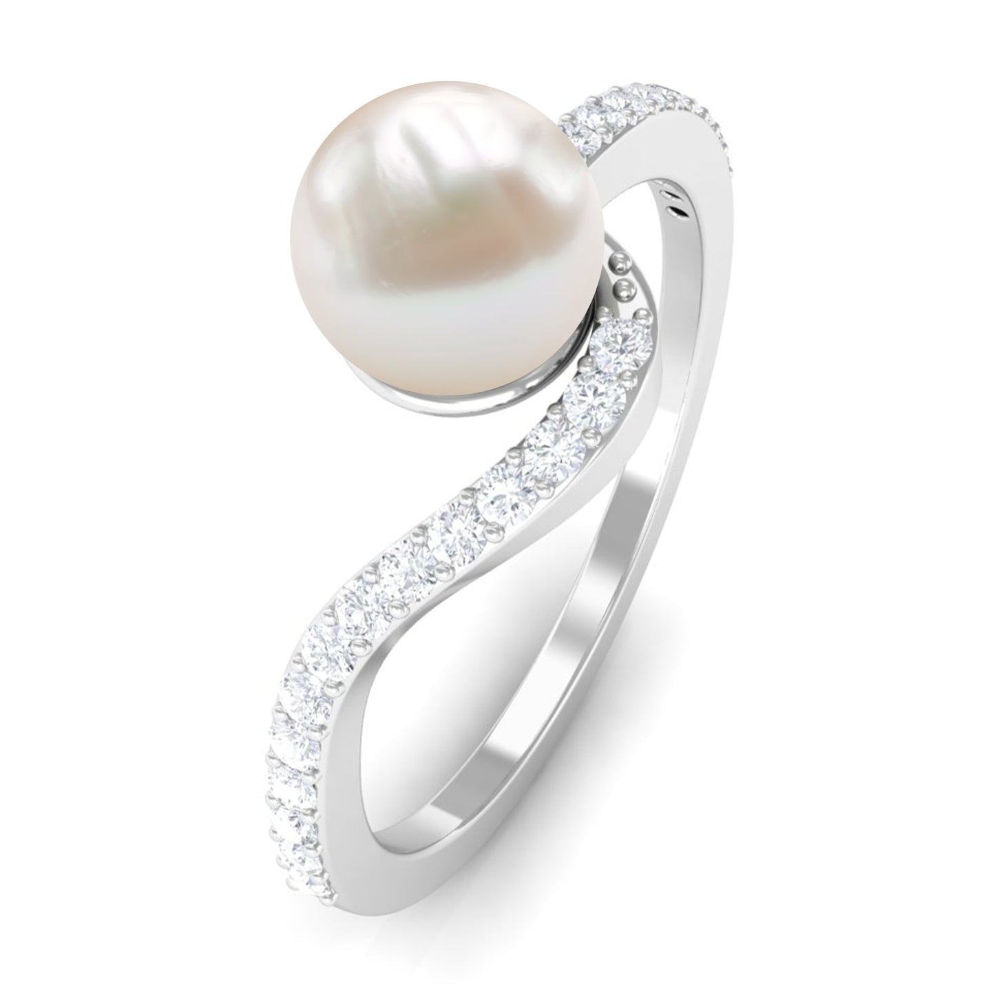Cultured 2.2 Carat White Pearl Engagement Ring with Diamond Bypass Shank