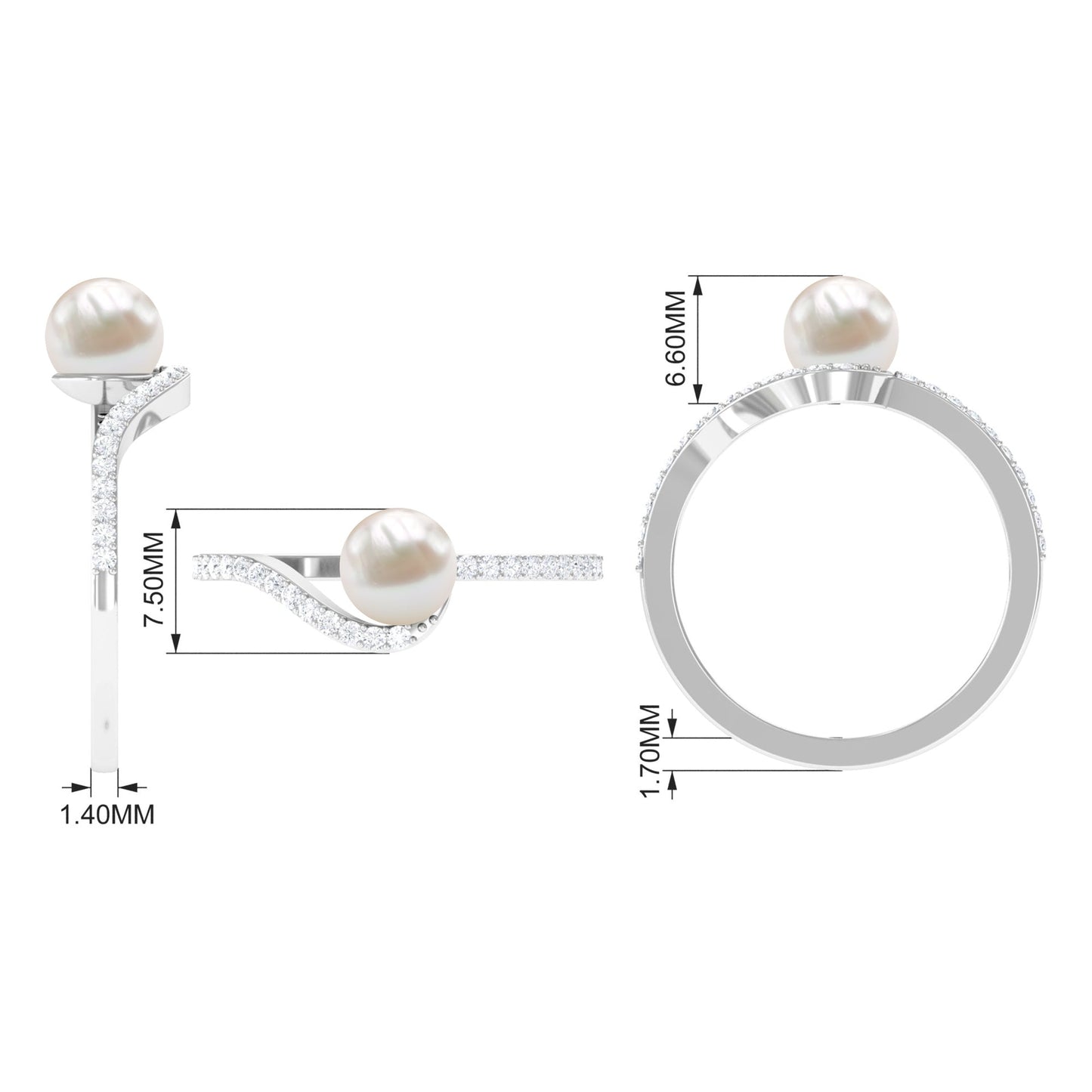 Cultured 2.2 Carat White Pearl Engagement Ring with Diamond Bypass Shank
